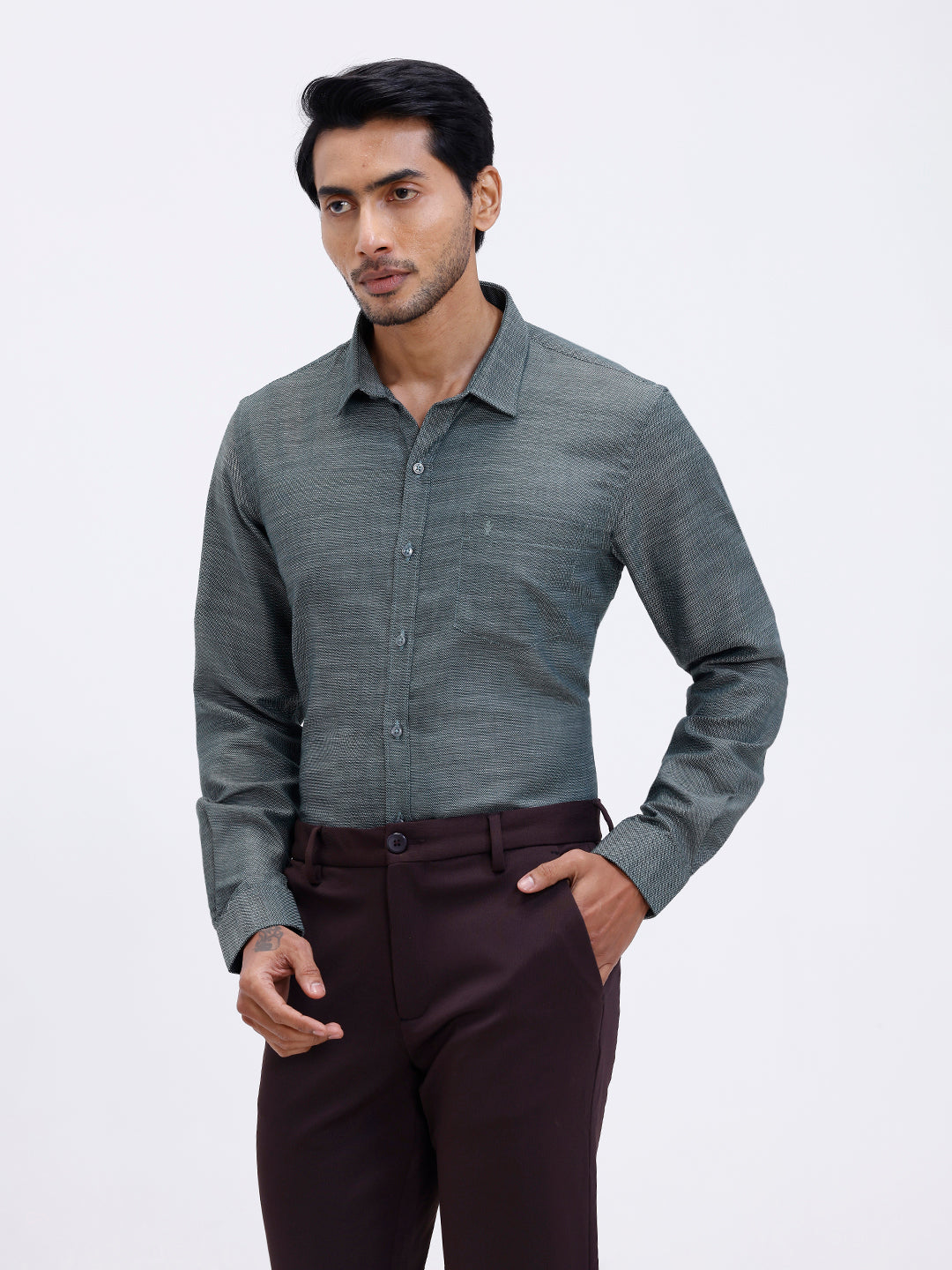 Men Cotton Rich Shirt Green Dobby T59 AIT3