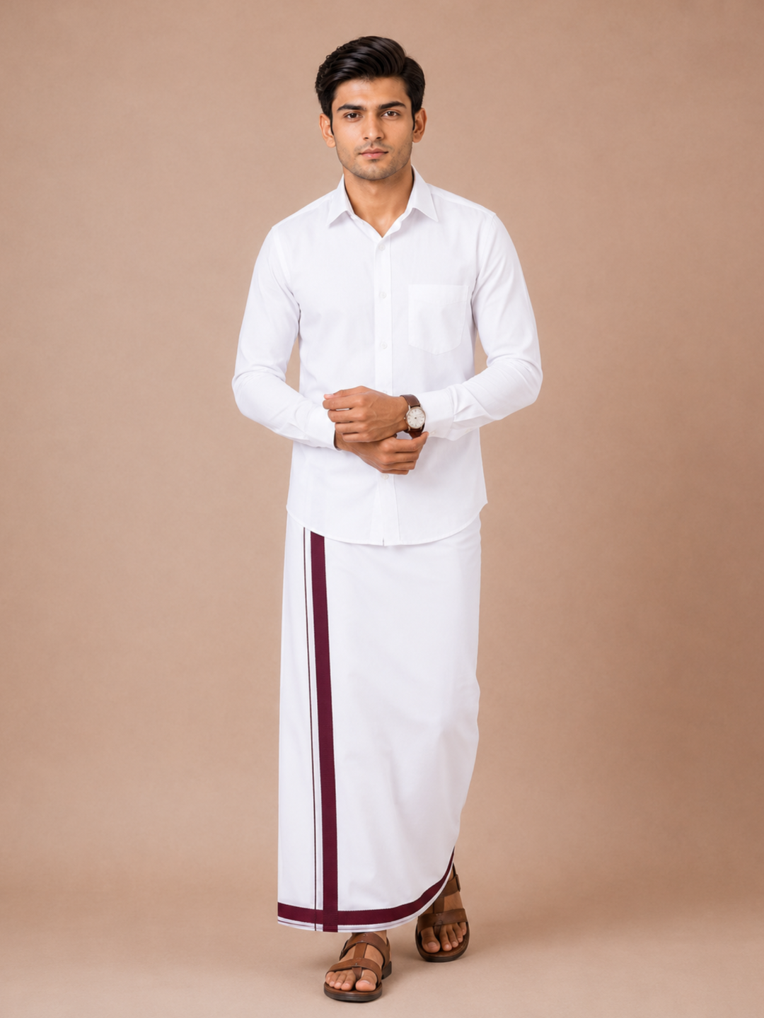 Men 100% Cotton Double Layer White Dhoti with Big Border Wisdom WB01