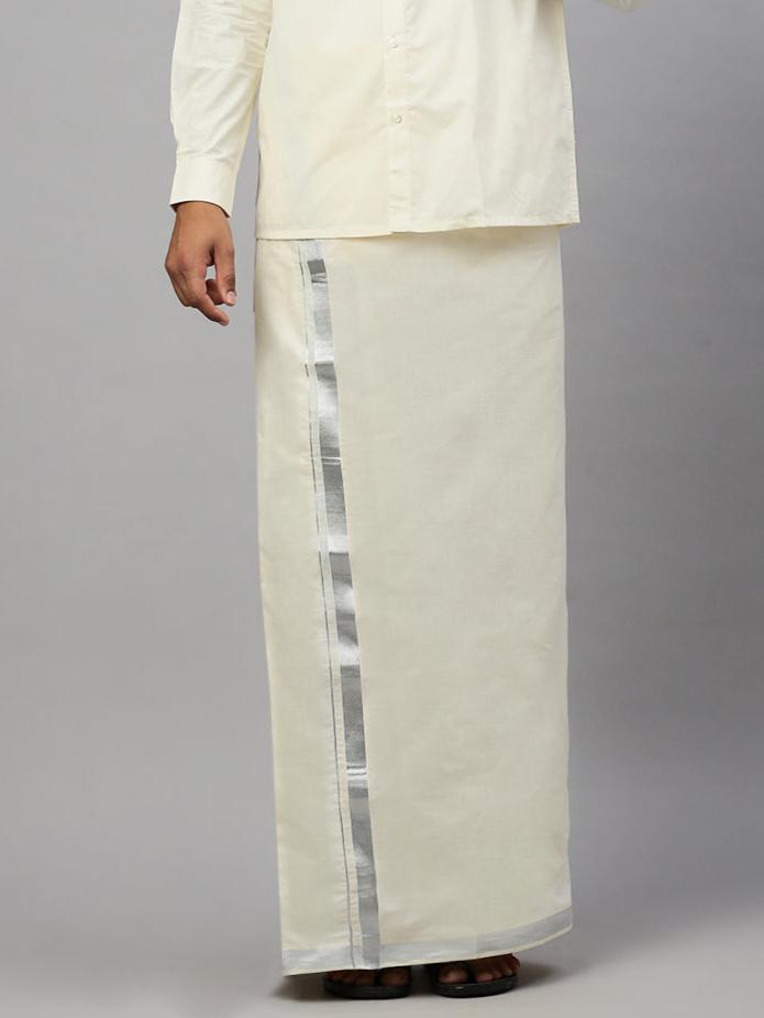 Men 100% Cotton Double Layer Cream Dhoti with 1"Silver Jari Border Chaitra
