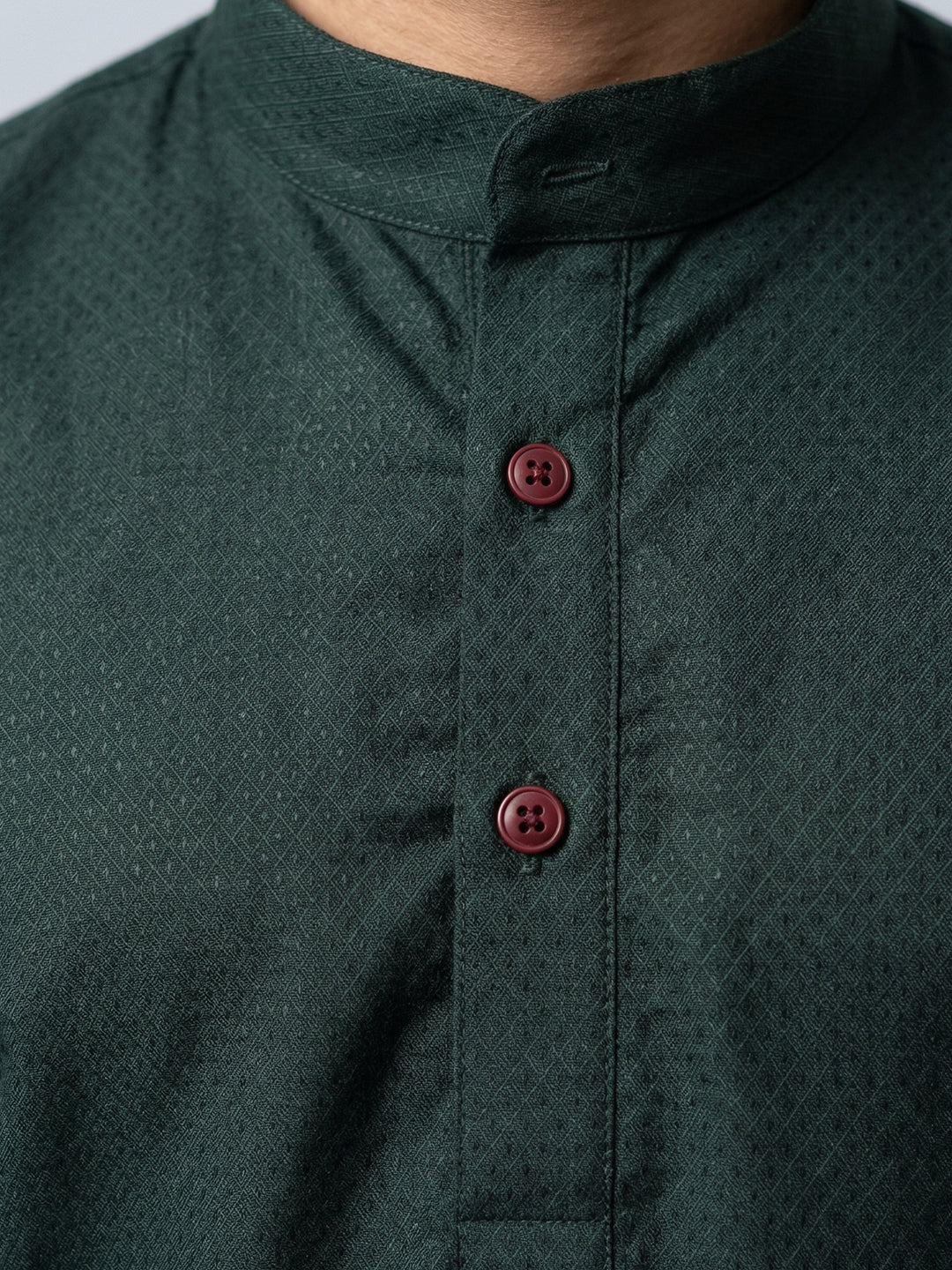 Men Bottle Green Medium Length Kurta with Matching Border Dhoti Set MHJ8