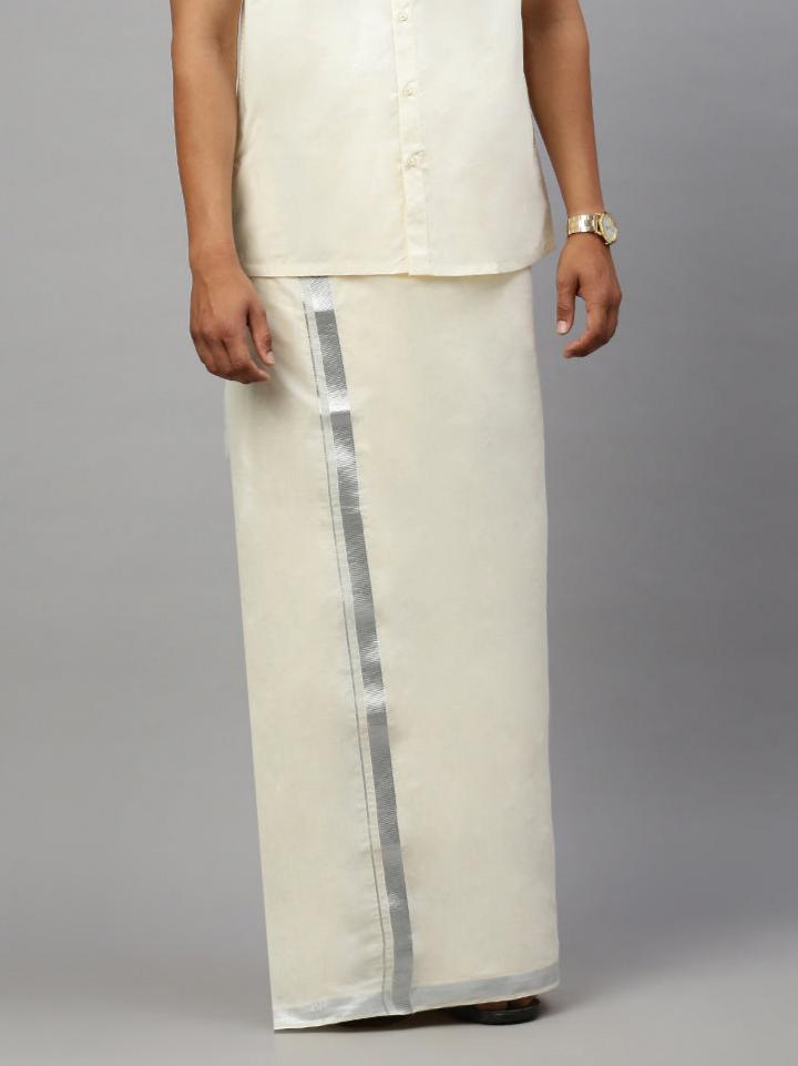 Men 100% Cotton Double Layer Cream Dhoti with 1 1/2" Jari Border Chaitra Silver
