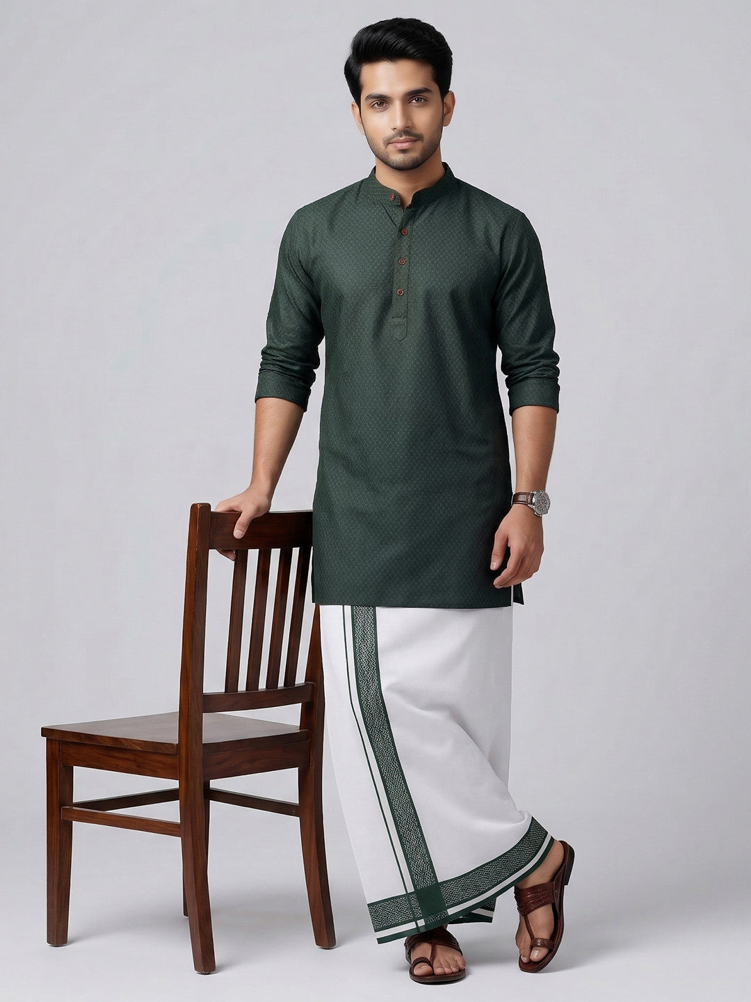 Men Bottle Green Medium Length Kurta with Matching Border Dhoti Set MHJ8