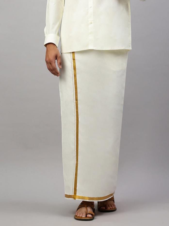 Men Kora Cotton Double Layer Dhoti with 3/4" Gold Jari Border Nakshatra