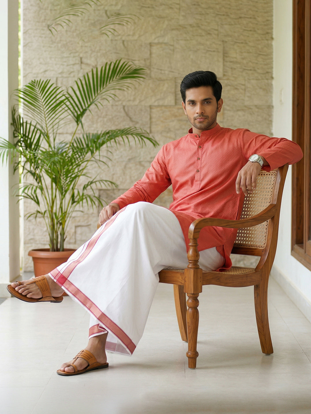 Men Reddish Pink Medium Length Kurta with Matching Border Dhoti Set MHJ3
