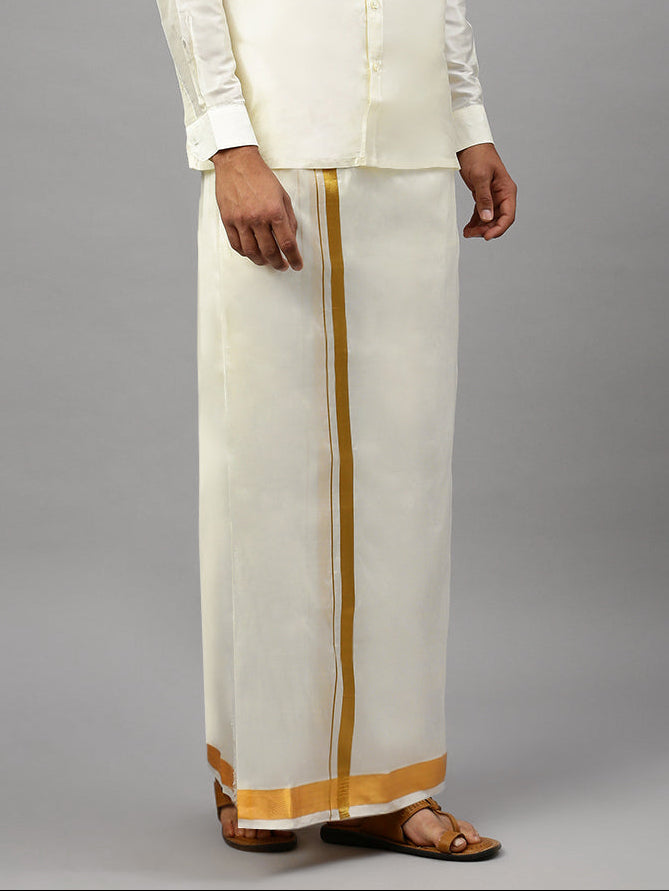 Mens Silk Cream Double Dhoti 1 1/2" Gold Jari Border Suba Vivaga