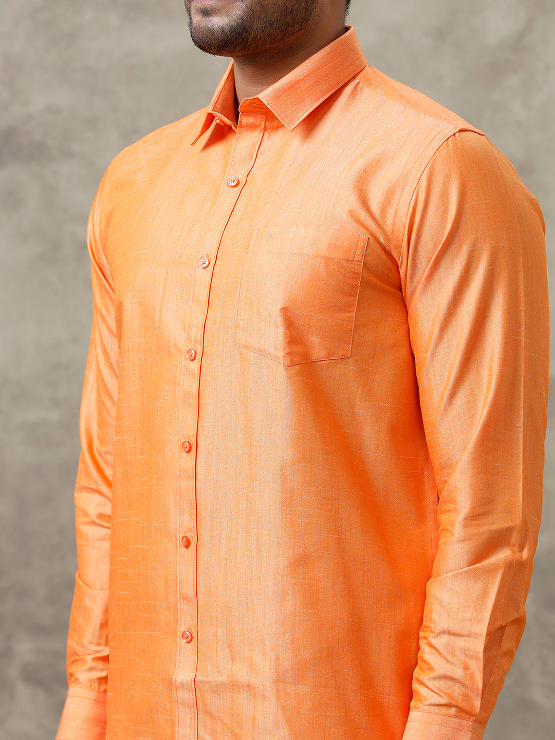 Men Cotton Blend Orange Shirt and Tissue Dhoti Set VB4