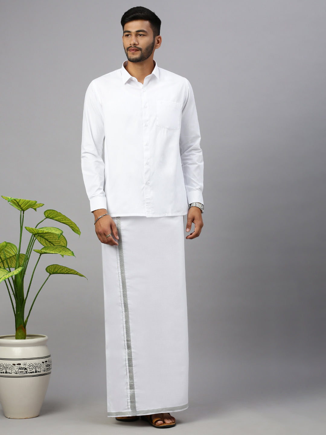 Men 100% Cotton Single Layer White Dhoti with Silver Jari Border Shringar