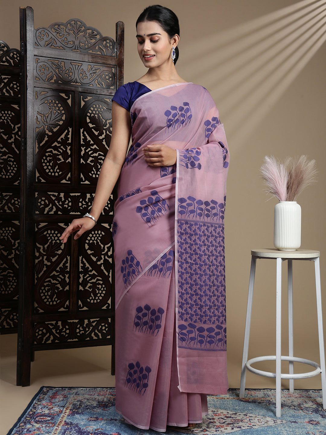Women Kora Cotton Light Purple Saree SK114