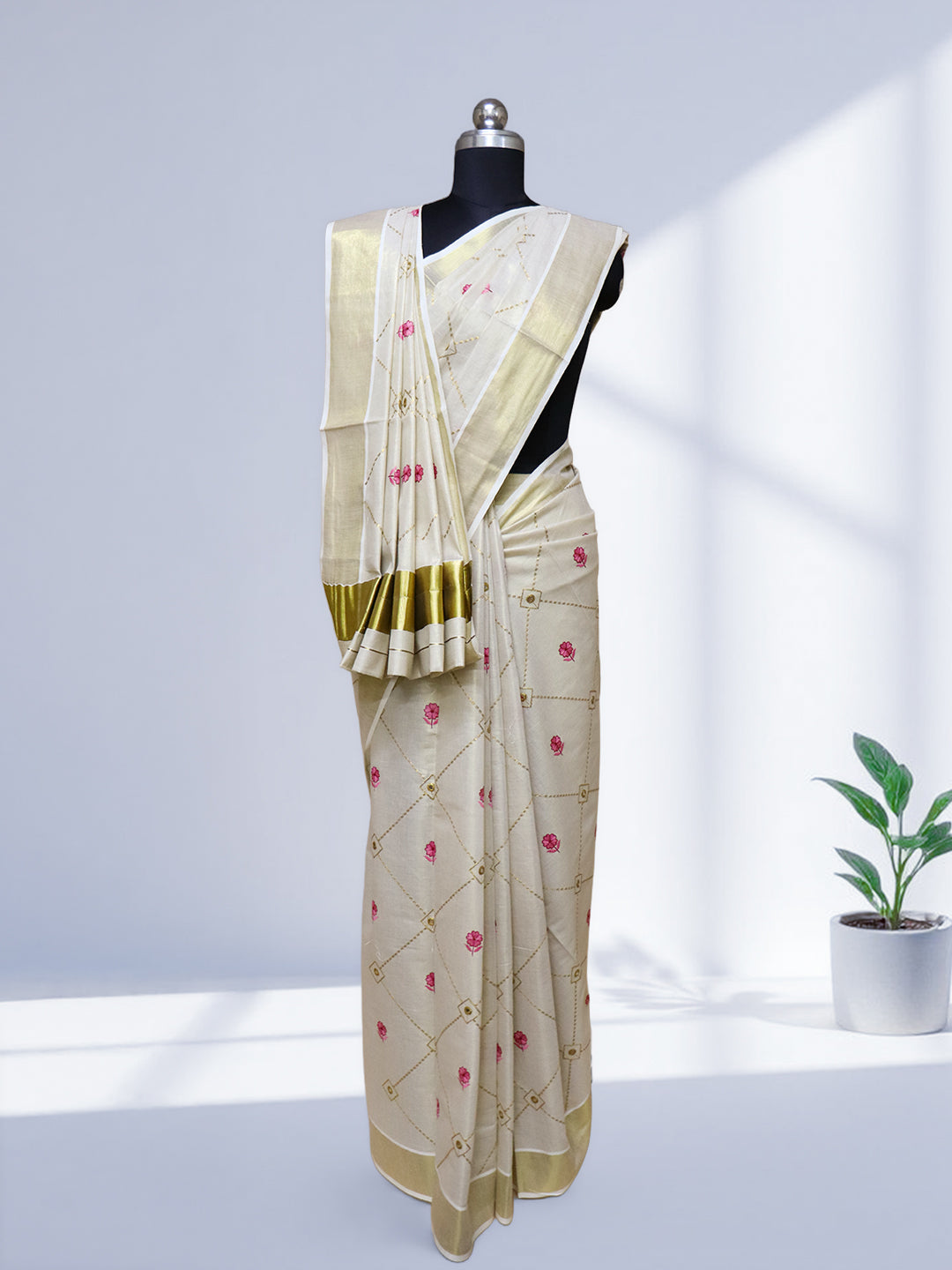 Women Kerala Tissue Gold with Flower Embroidery Saree KS213