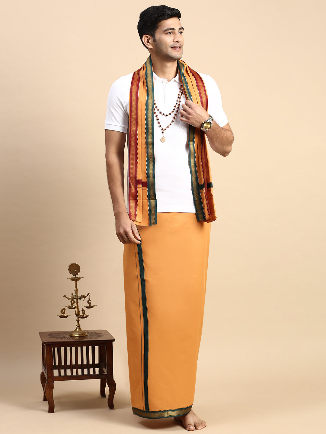 Men Devotional Mayilkhan Border Dhoti with Towel & TShirt Set Kaavi EP1