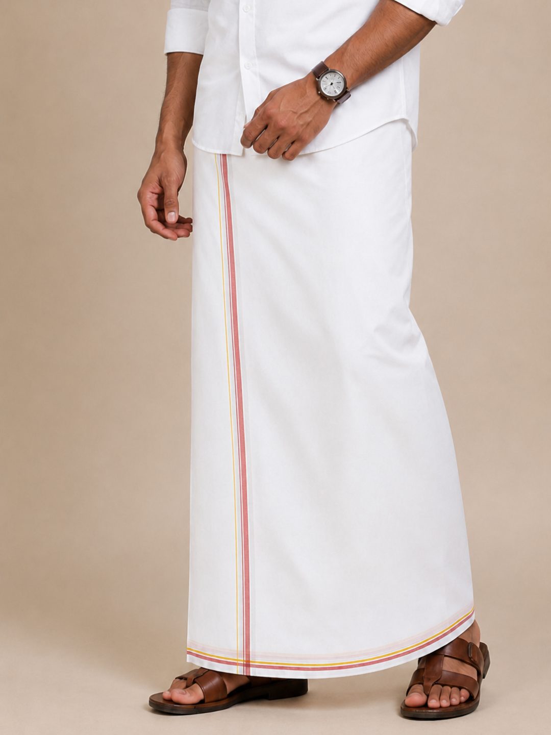 Men 100% Cotton Double Layer White Dhoti with Big Border Property PT01