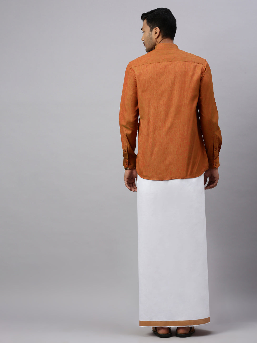 Men Brown Matching Border Dhoti & Full Sleeves Shirt Set CV3