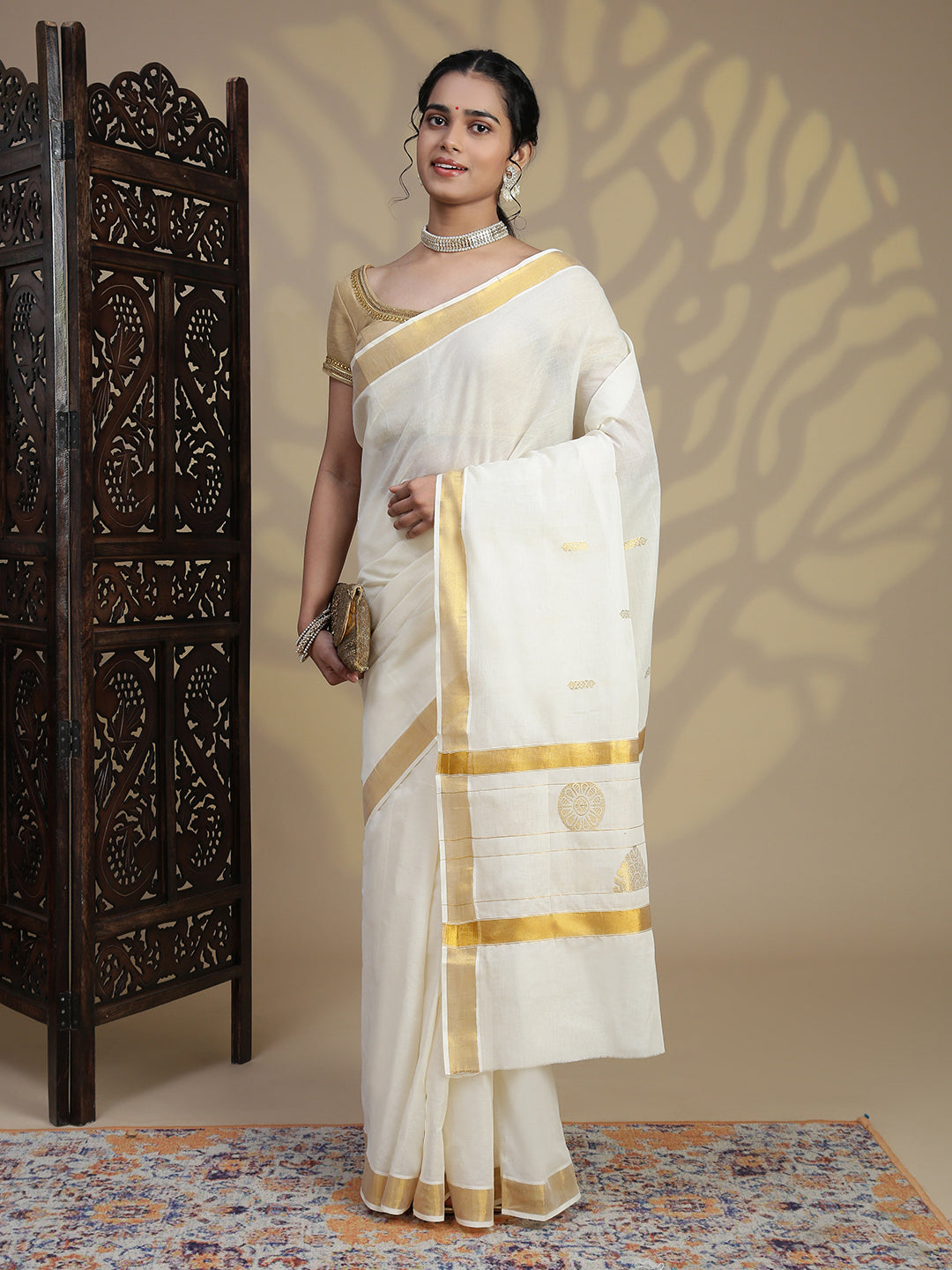 Women Traditional Kerala Cream with Gold Jari Saree KS236
