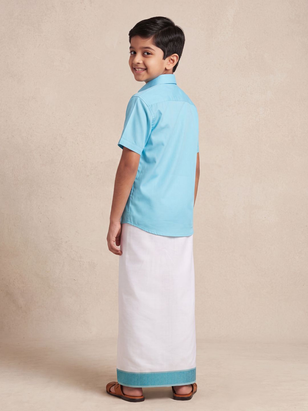 Boys 100% Cotton Sky Blue Shirt and Fancy Border Dhoti Set BT5