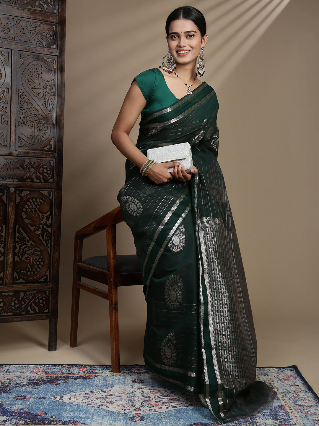 Women Dark Green Kora Cotton Saree SK99