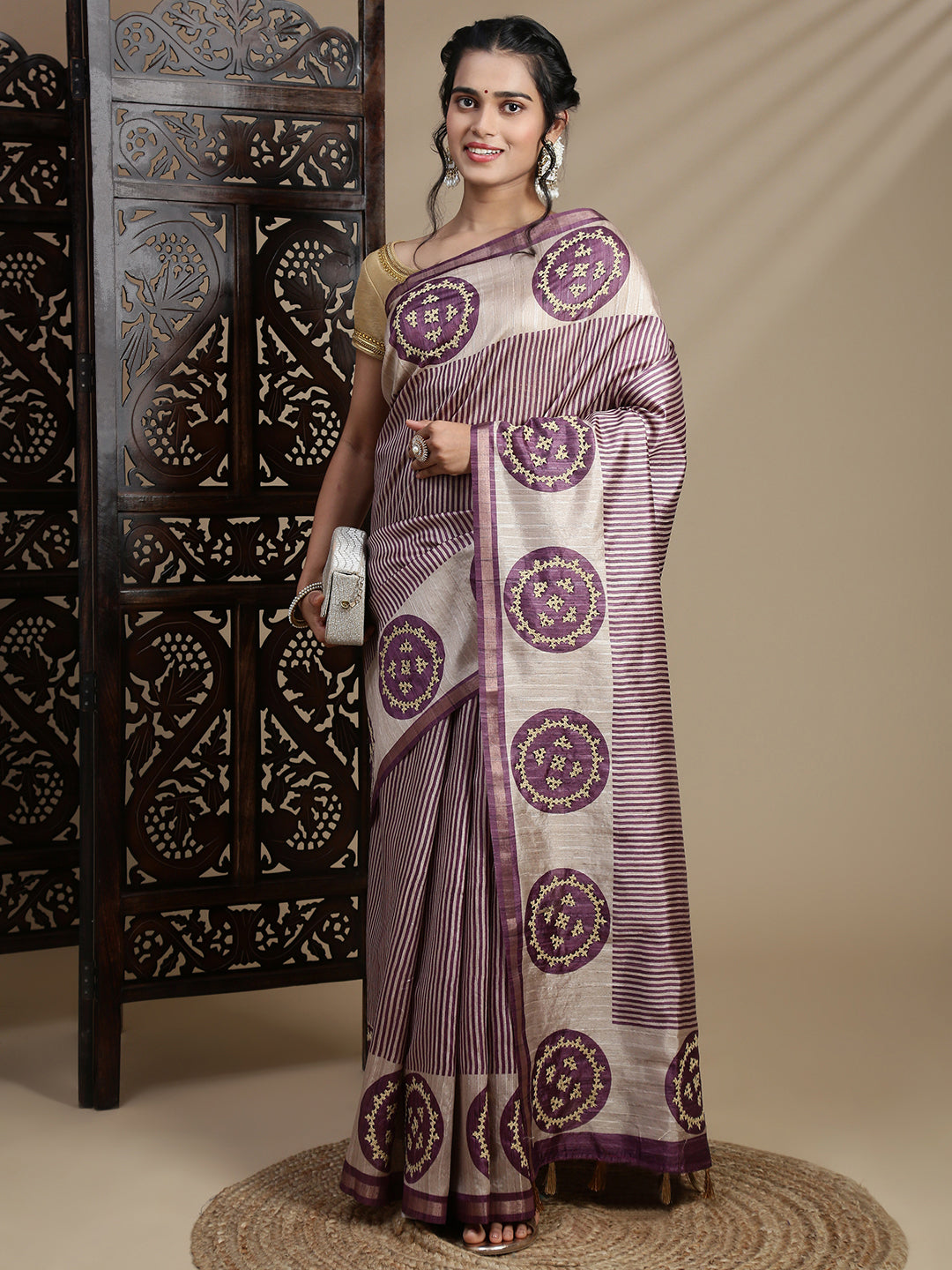 Women Purple with Brown Semi Raw Silk Embroidered Saree SRS114