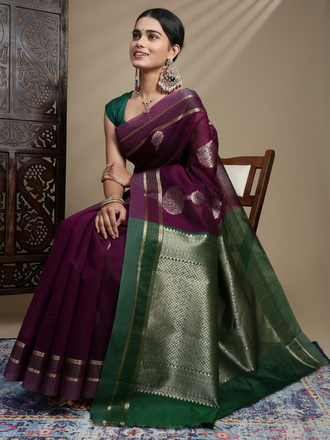 Women Kora Cotton Dark Purple Saree SK129