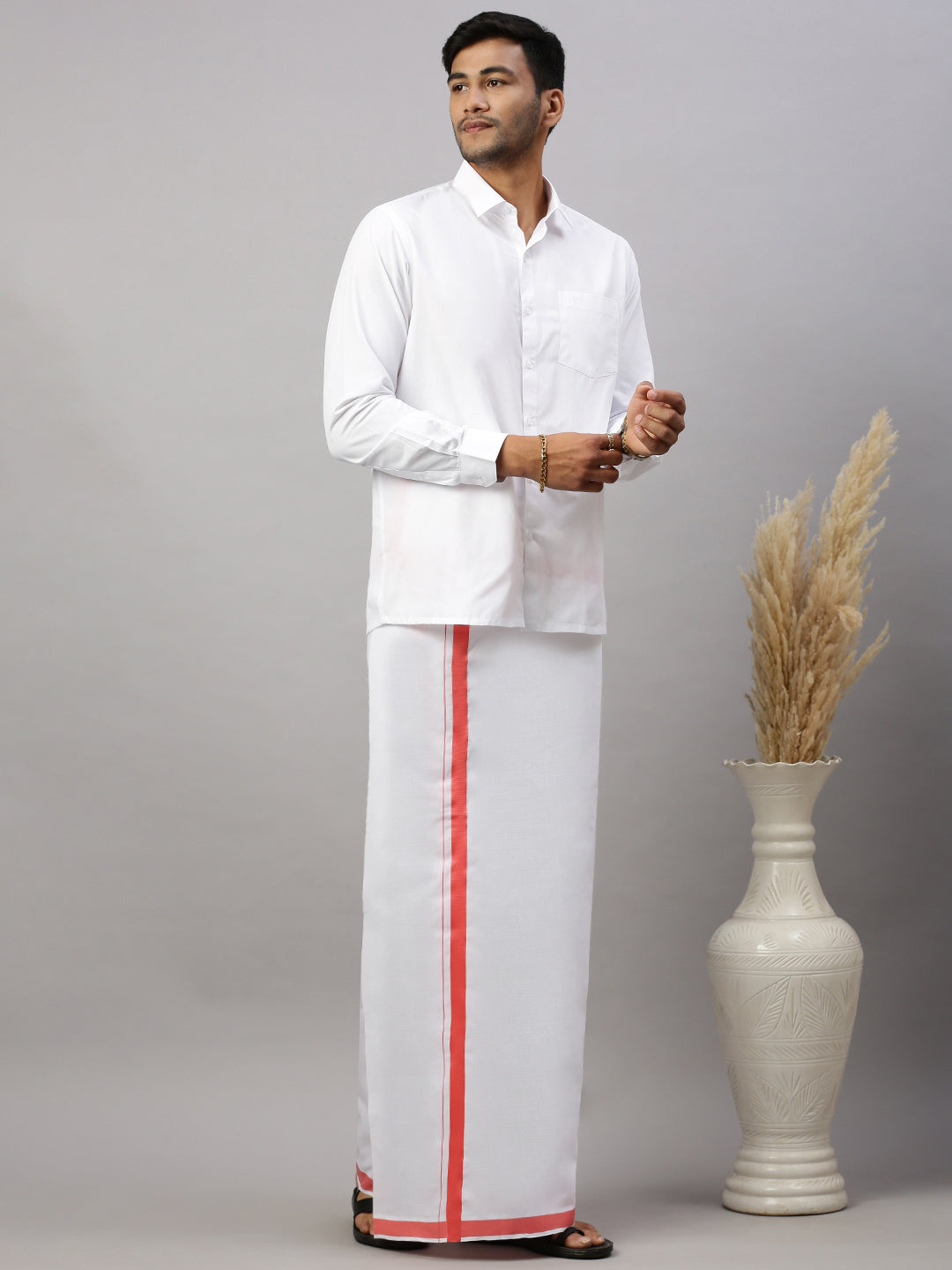 Men Cotton Blend Single Layer White Dhoti with Big Border WS17