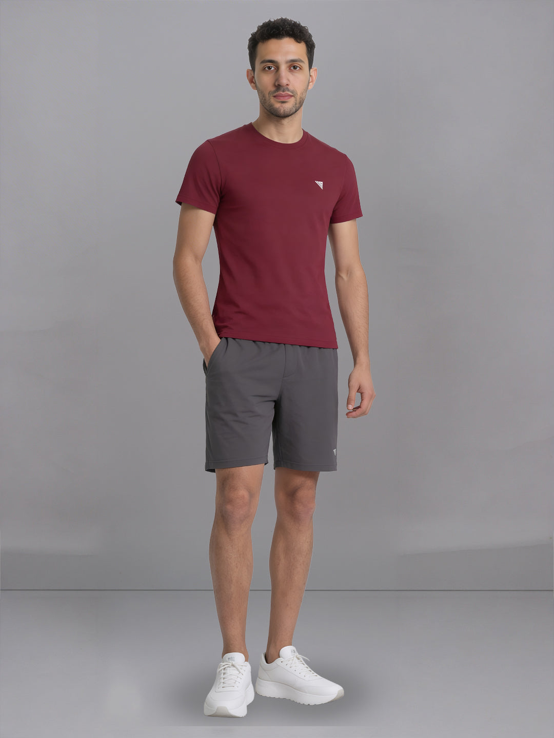 Men Burgandy Crew neck T-Shirt with Grey Shorts Combo ES5