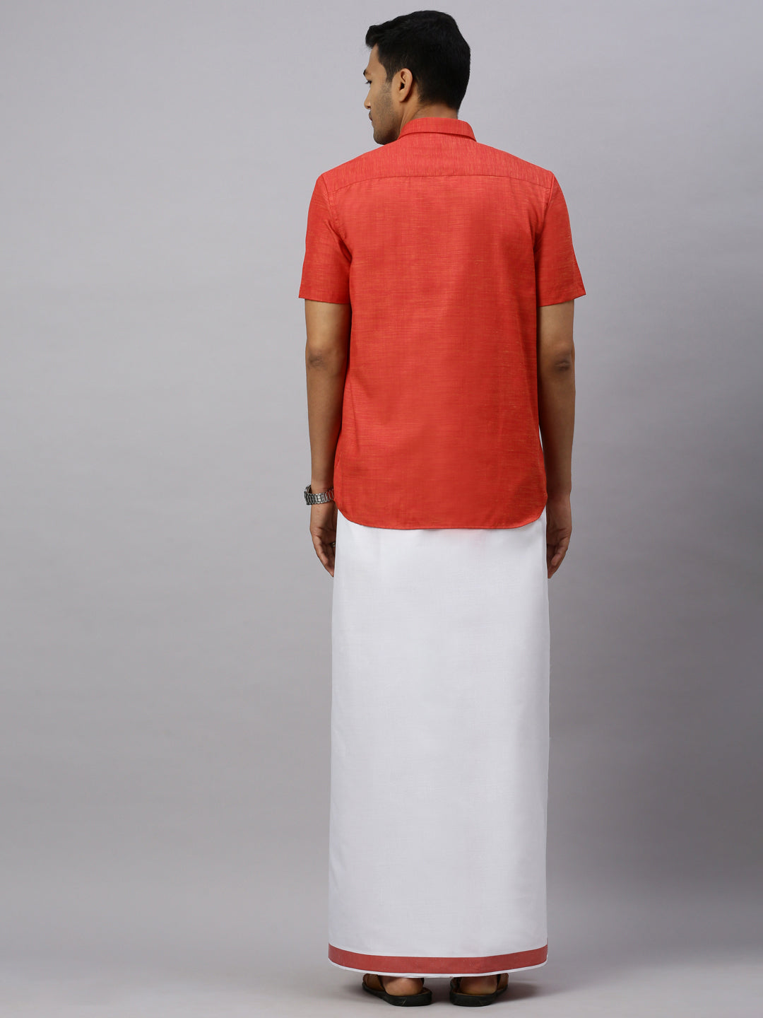 Men Rosewood Red Matching Border Dhoti & Half Sleeves Shirt Set CV4
