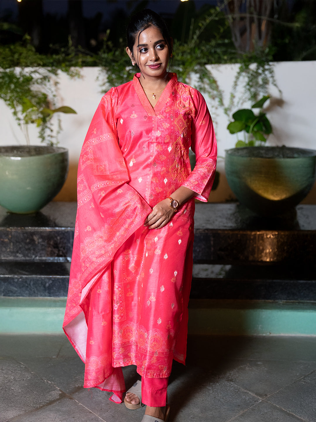 Women Pink MM Silk Printed Kurti Set EKS128