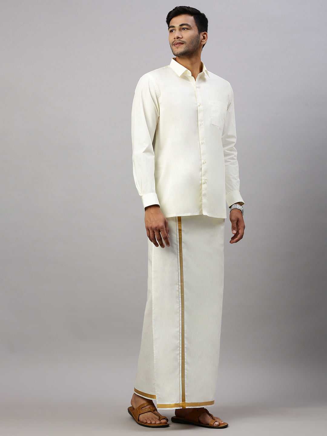 Men Cotton Blend Single Layer Cream Dhoti with Gold Jari Border Silver Sun