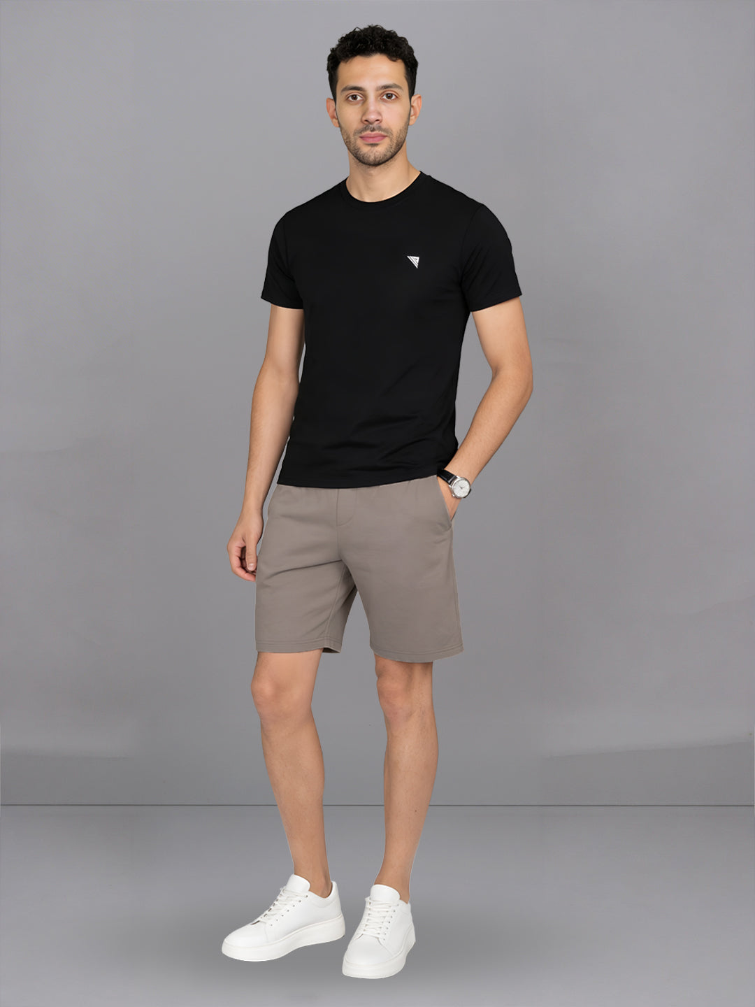 Men Black Crew neck T-Shirt with Taupe Shorts Combo ES9