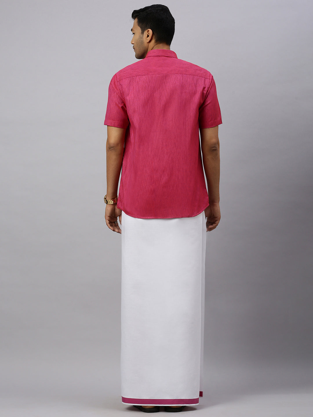 Men Magenta Matching Border Dhoti & Half Sleeves Shirt Set CV2