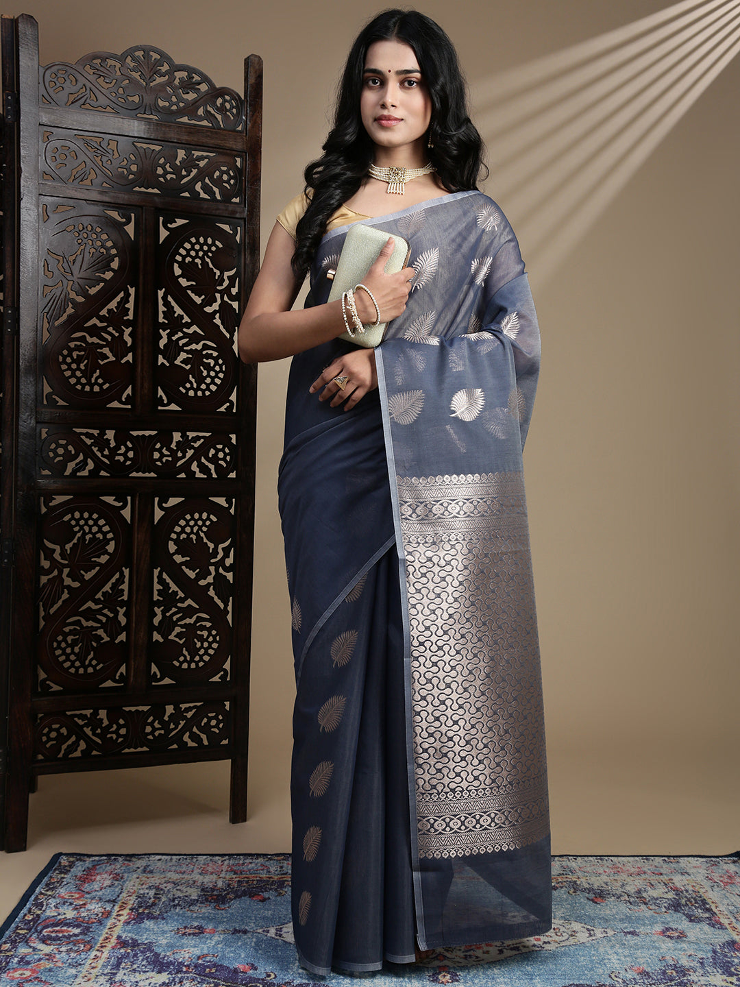 Women Semi Kora Cotton Dark Greyish Blue Saree SK123