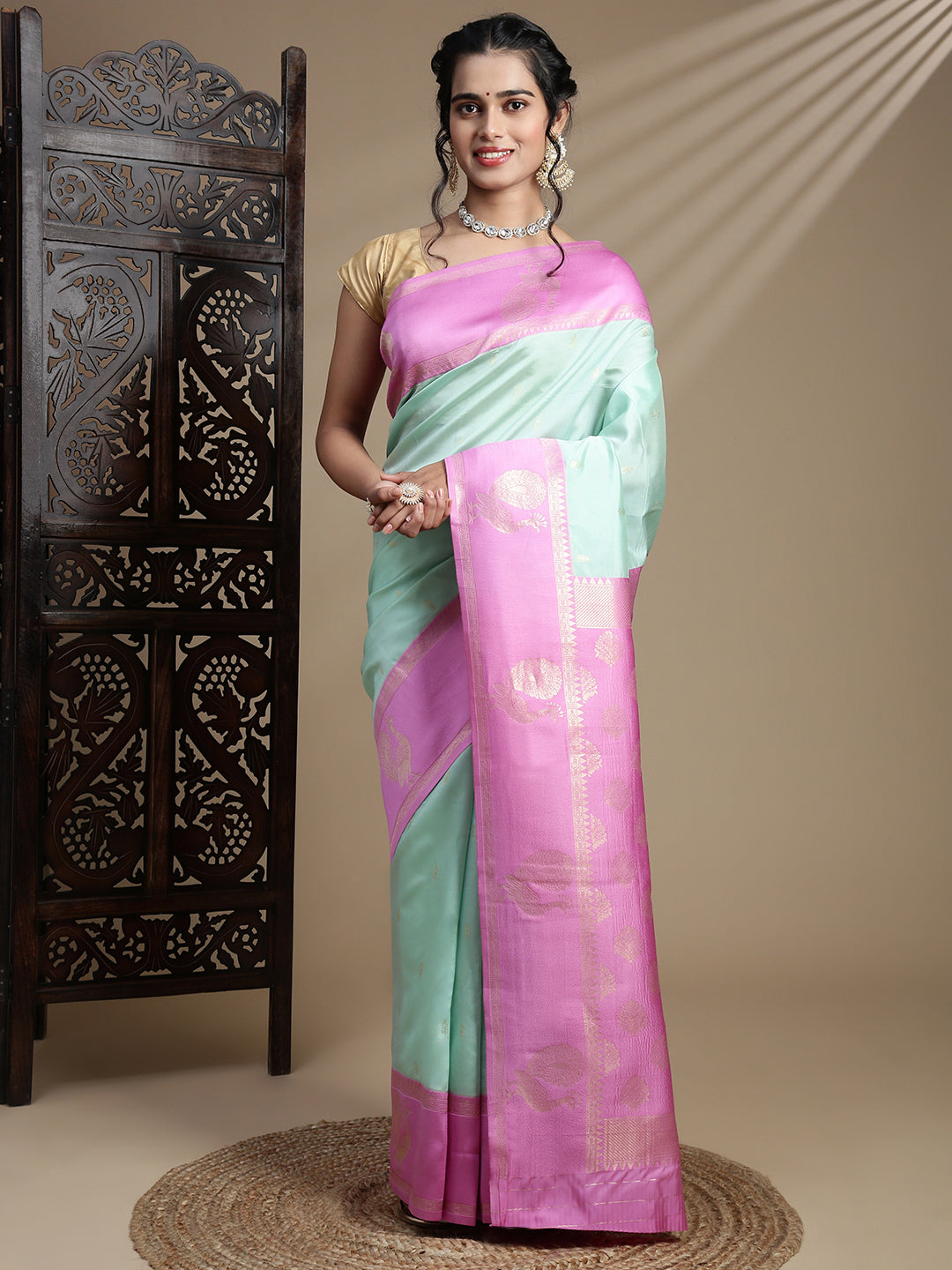 Couple Combo Shirt & Dhoti Set with Saree Mint Green SS391