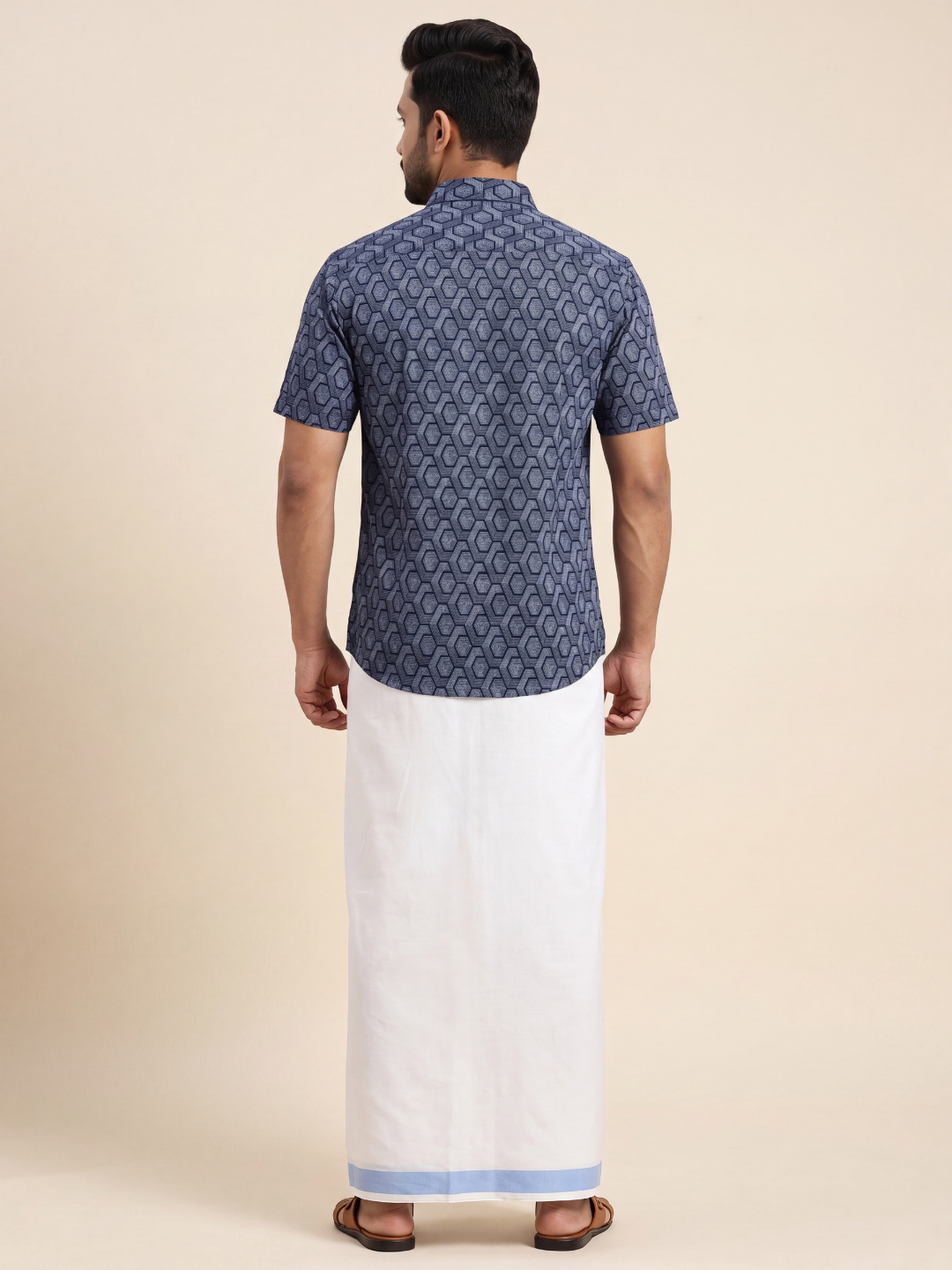 Men Navy Blue Matching Border Dhoti With Printed Shirt Set Fusion PS25