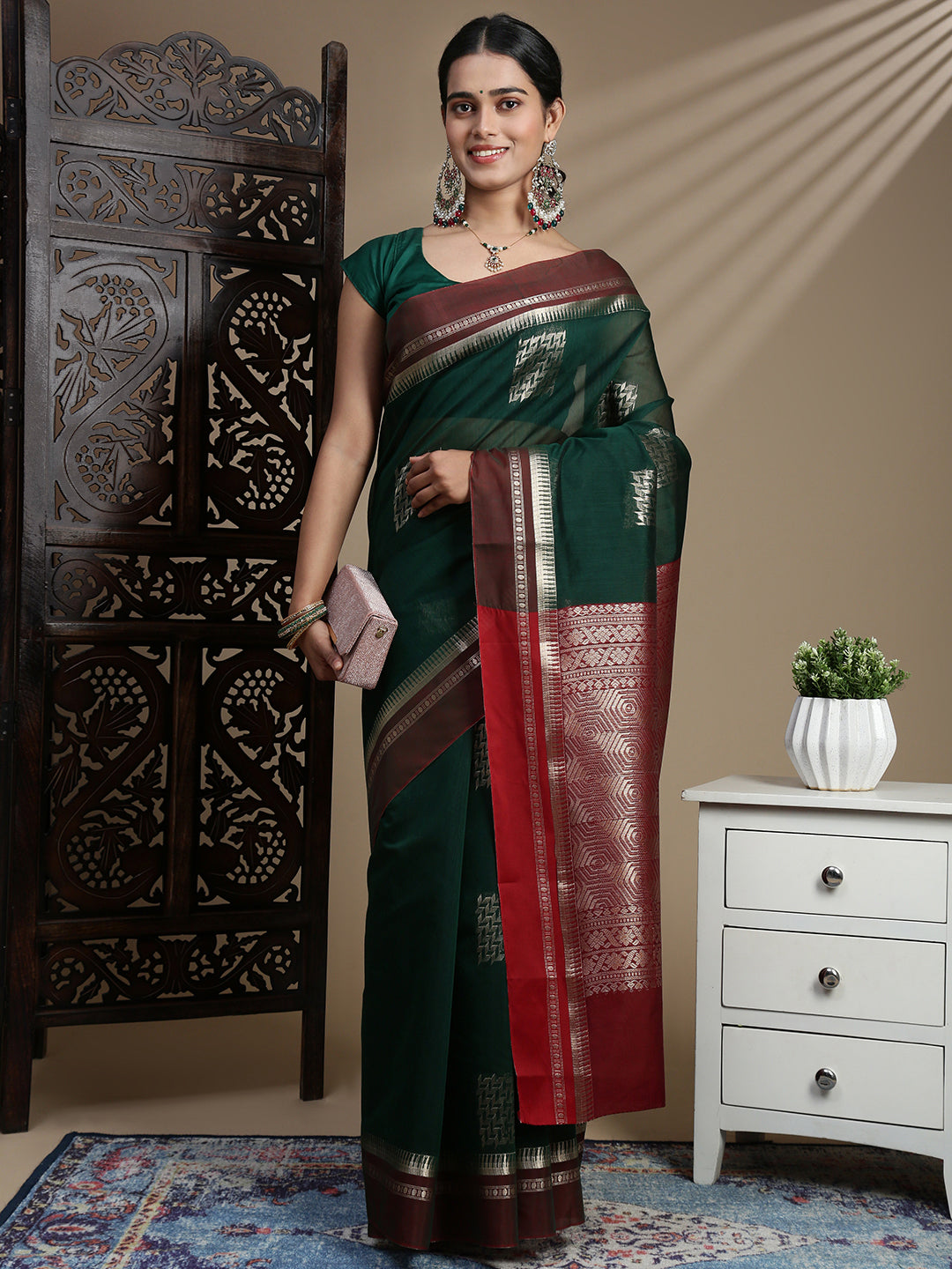 Women Green Kora Cotton Fancy Saree SK119
