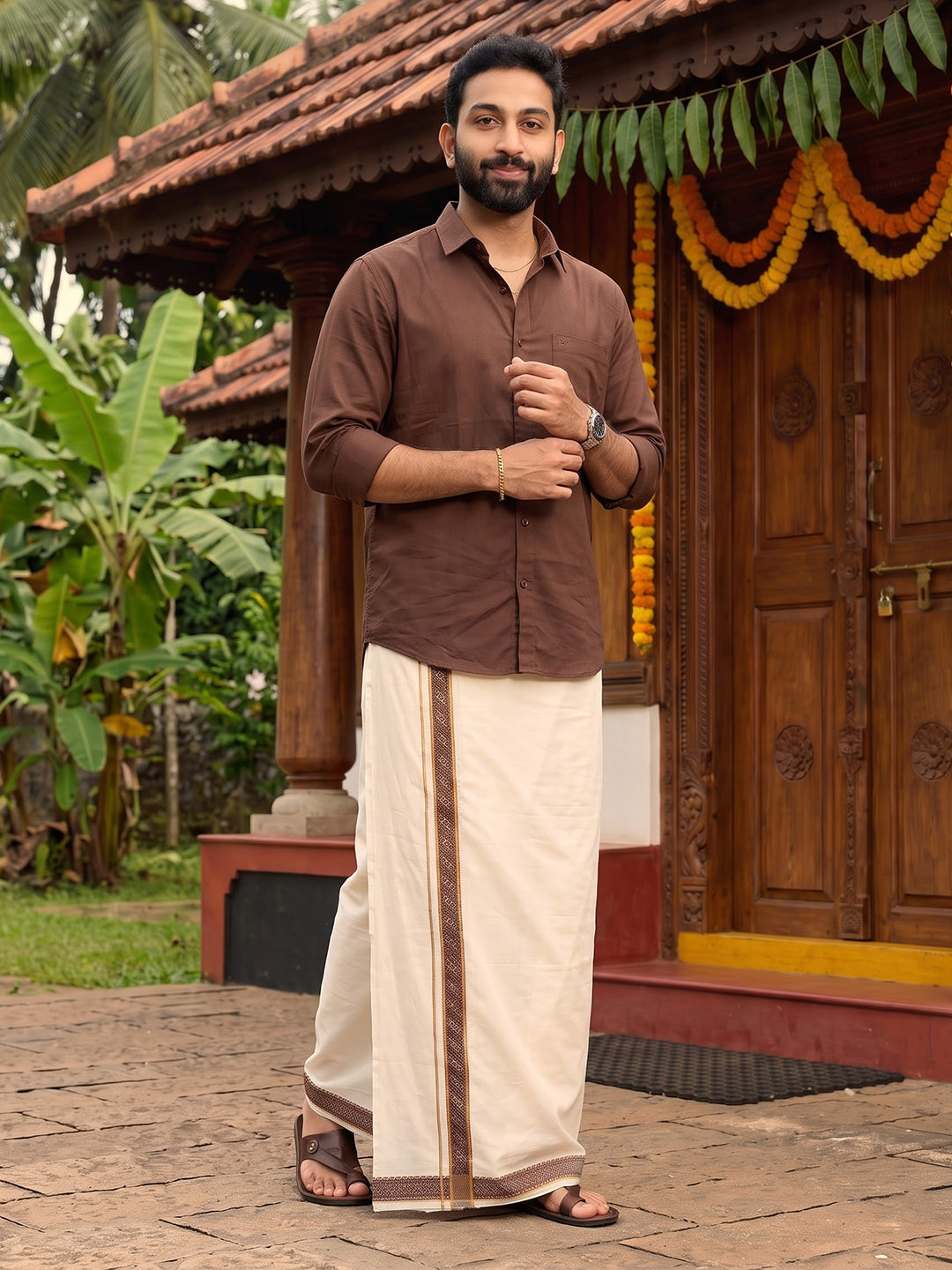 Double Layer 100% Cotton Cream Kora Dhoti with Colour Jari Border - CF05