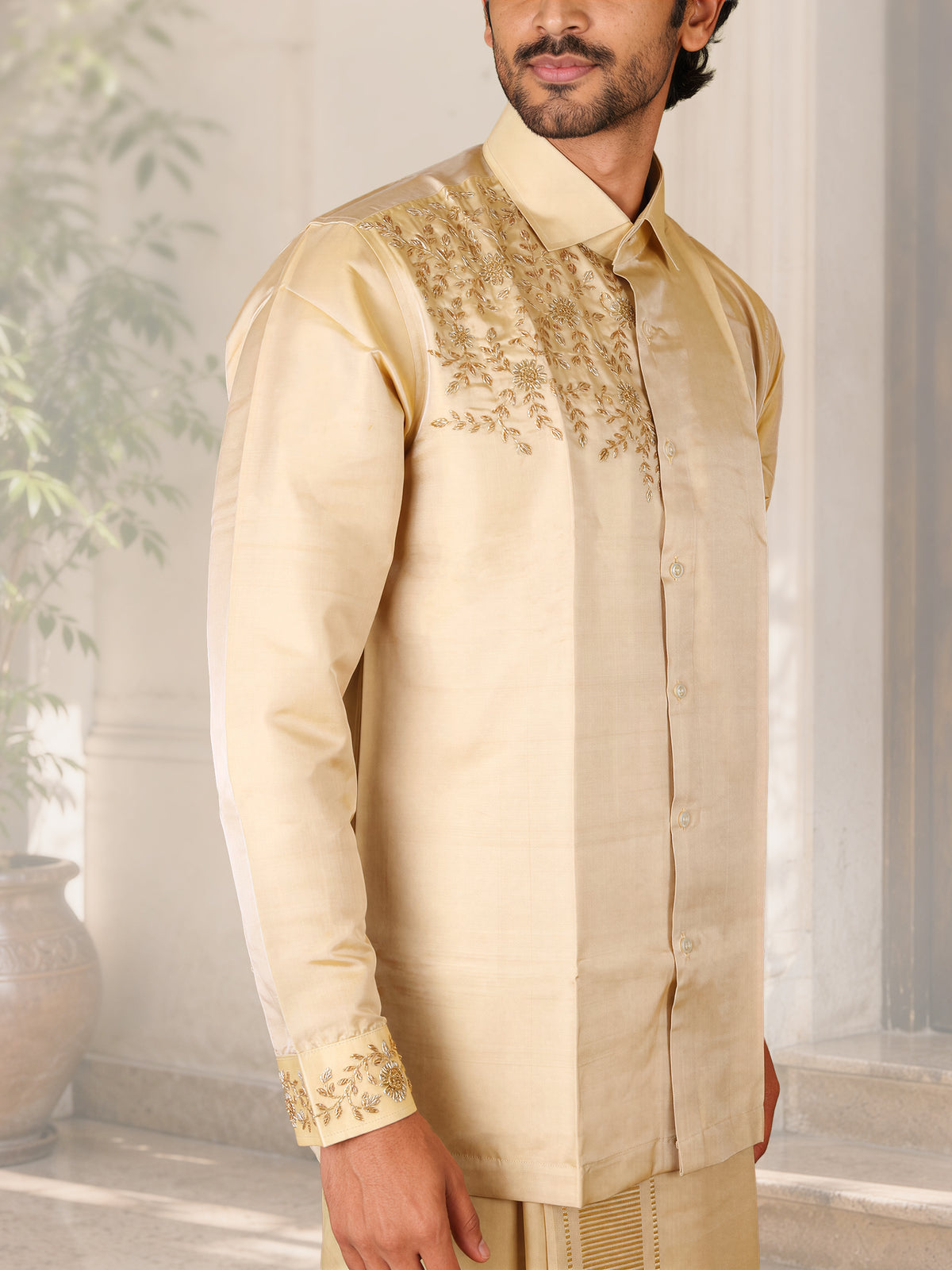 LAGNAA Premium Pure Tussar Silk Hand Embroidered Grand Floral & Leaf Chest Motif Designer Shirt & Dhoti Set | Kanakastra