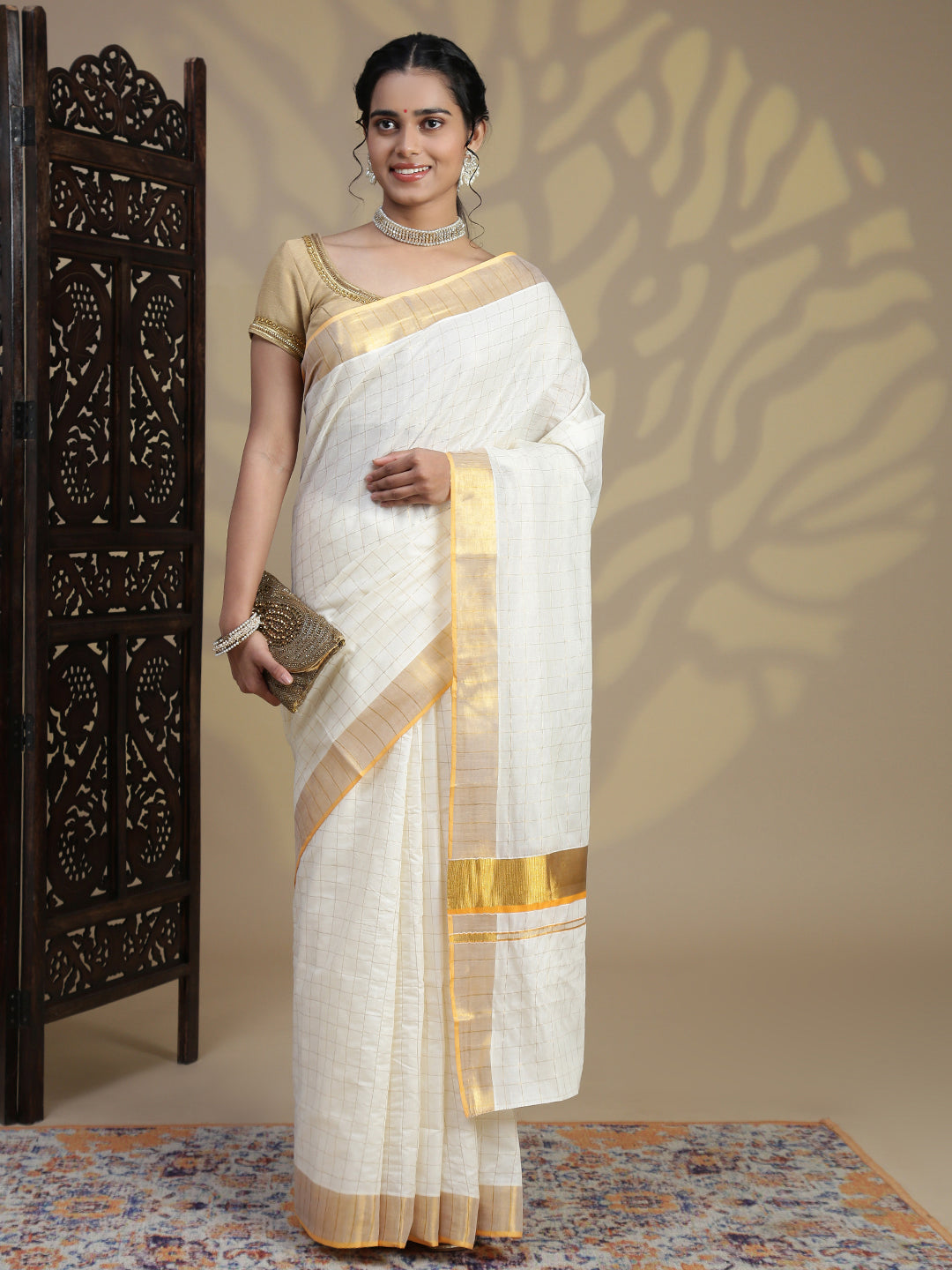 Women Traditional Kerala Cream Checks Saree with Orange Border KS224