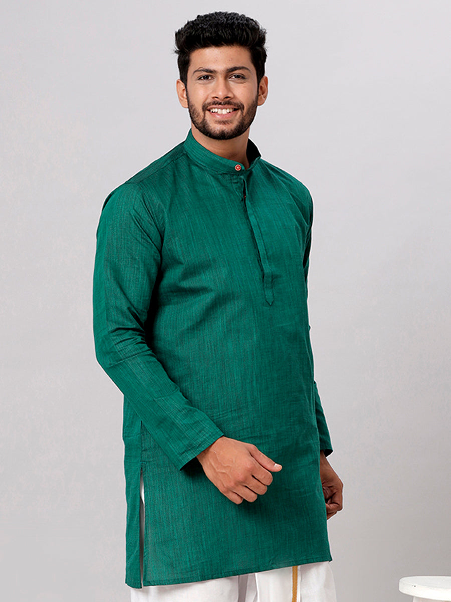 Mens Cotton Full Sleeves Dark Green Medium Length Pocket Kurta FS5-Side view