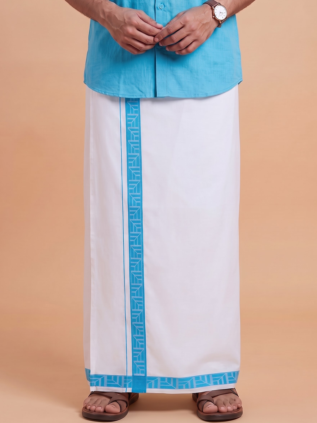Single Layer Cotton Blend White Dhoti With Blue Jacquard Design Border ELC01
