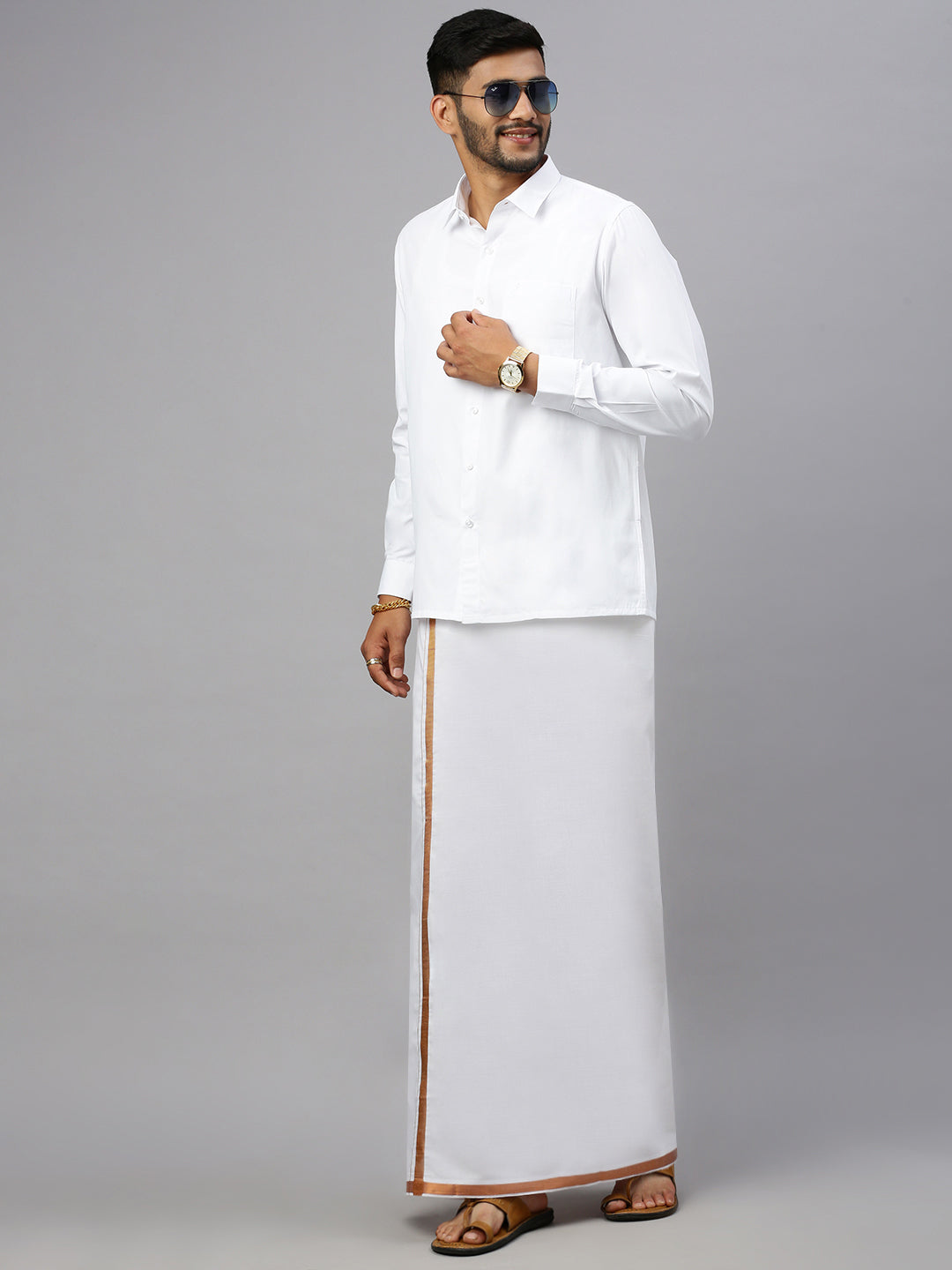 Men Cotton Blend Double Layer White Dhoti with 3/4" Copper Jari Border Mobility