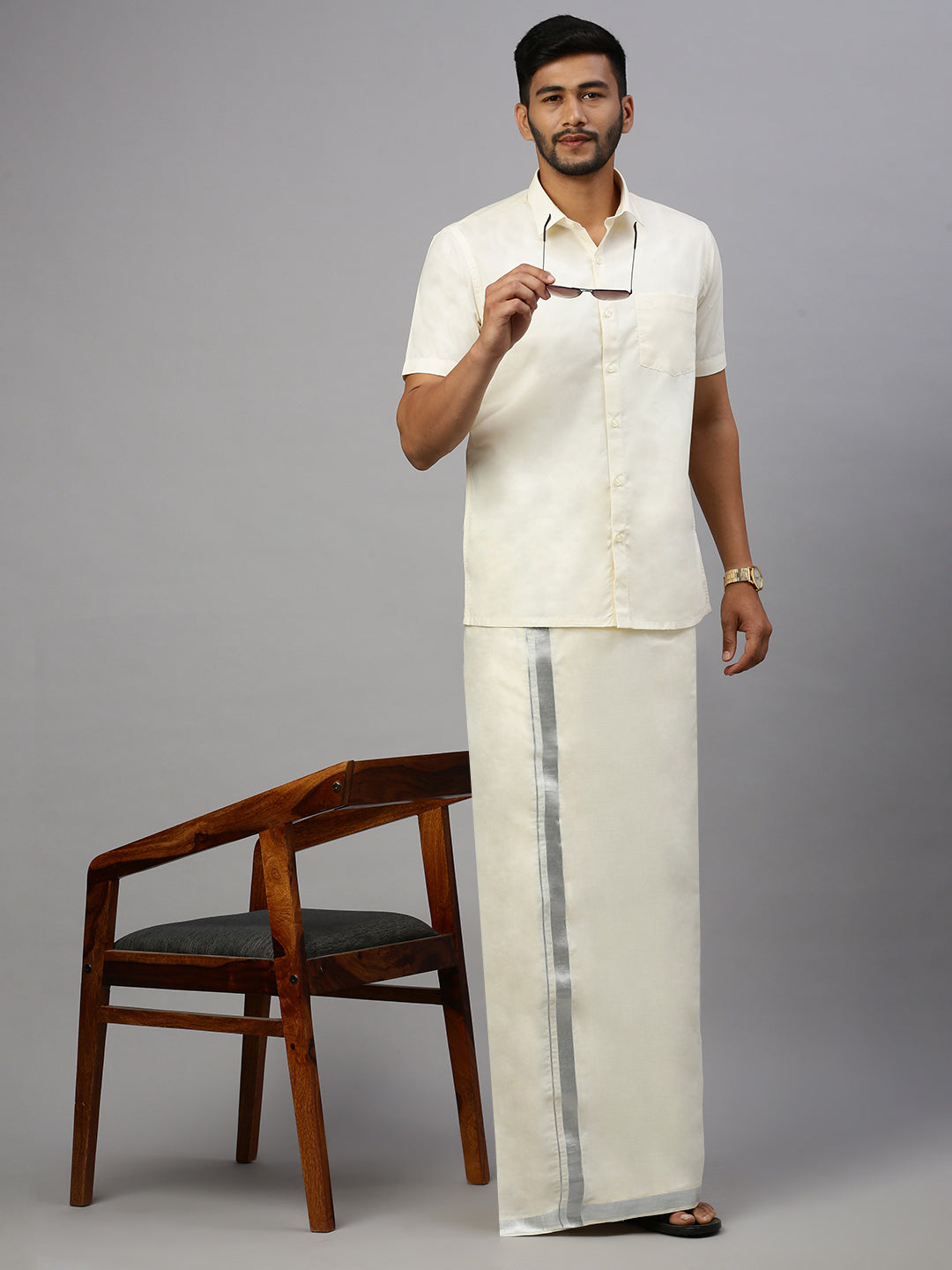 Men 100% Cotton Double Layer Cream Dhoti with 1 1/2" Jari Border Chaitra Silver