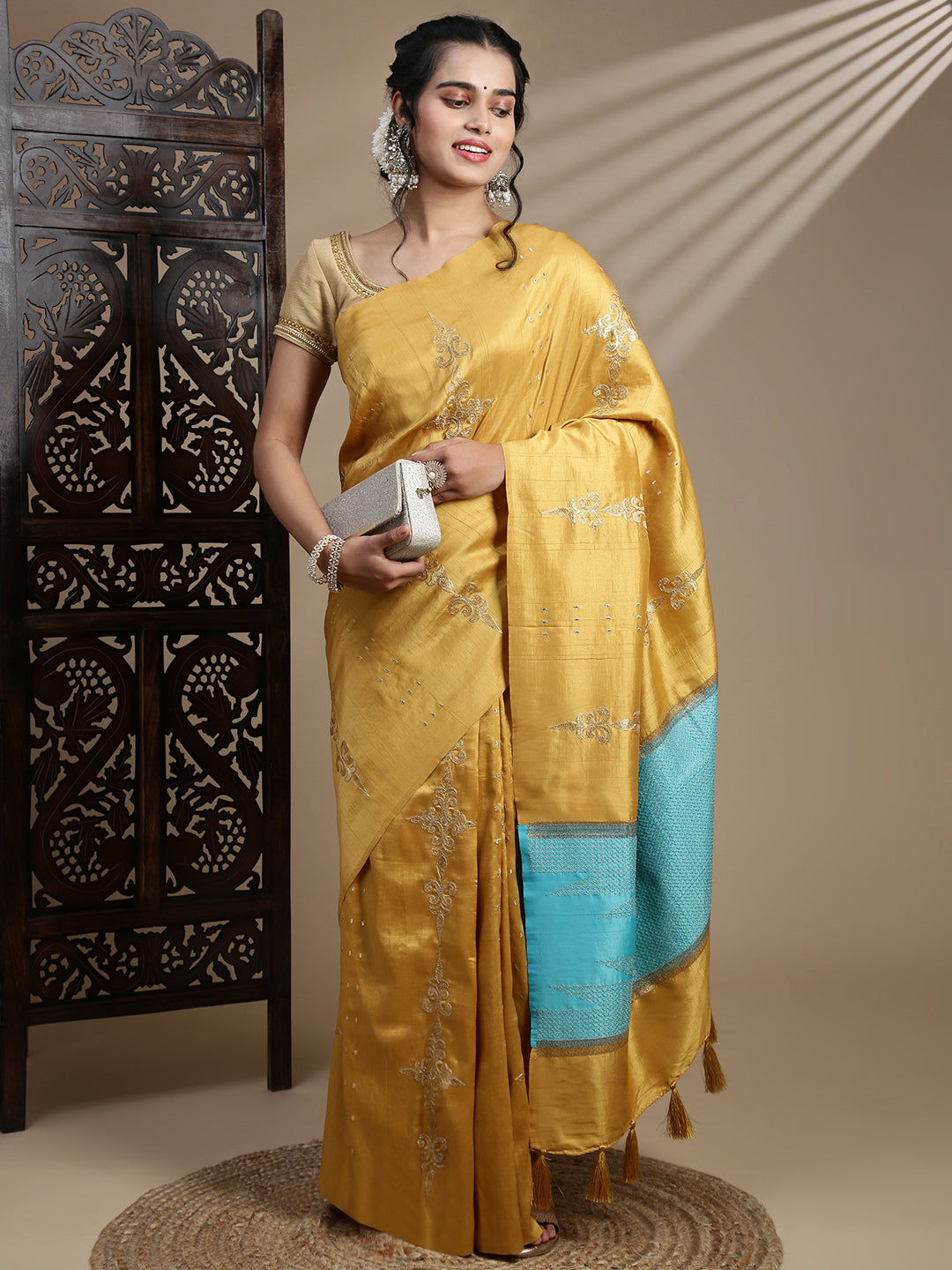 Women Mustard Semi Tussar Embroidered Saree ST315