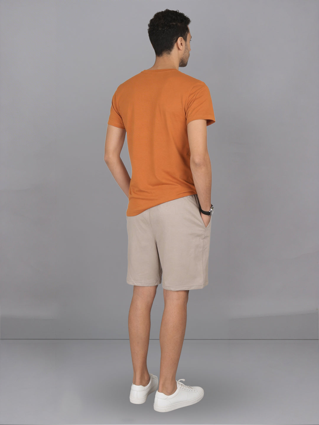 Men Mustard Crew neck T-Shirt with Beige Shorts Combo ES6