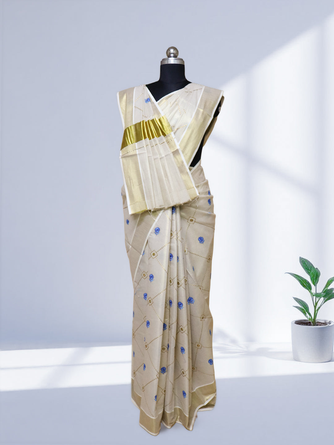 Women Kerala Tissue Gold with Flower Embroidery Saree KS211