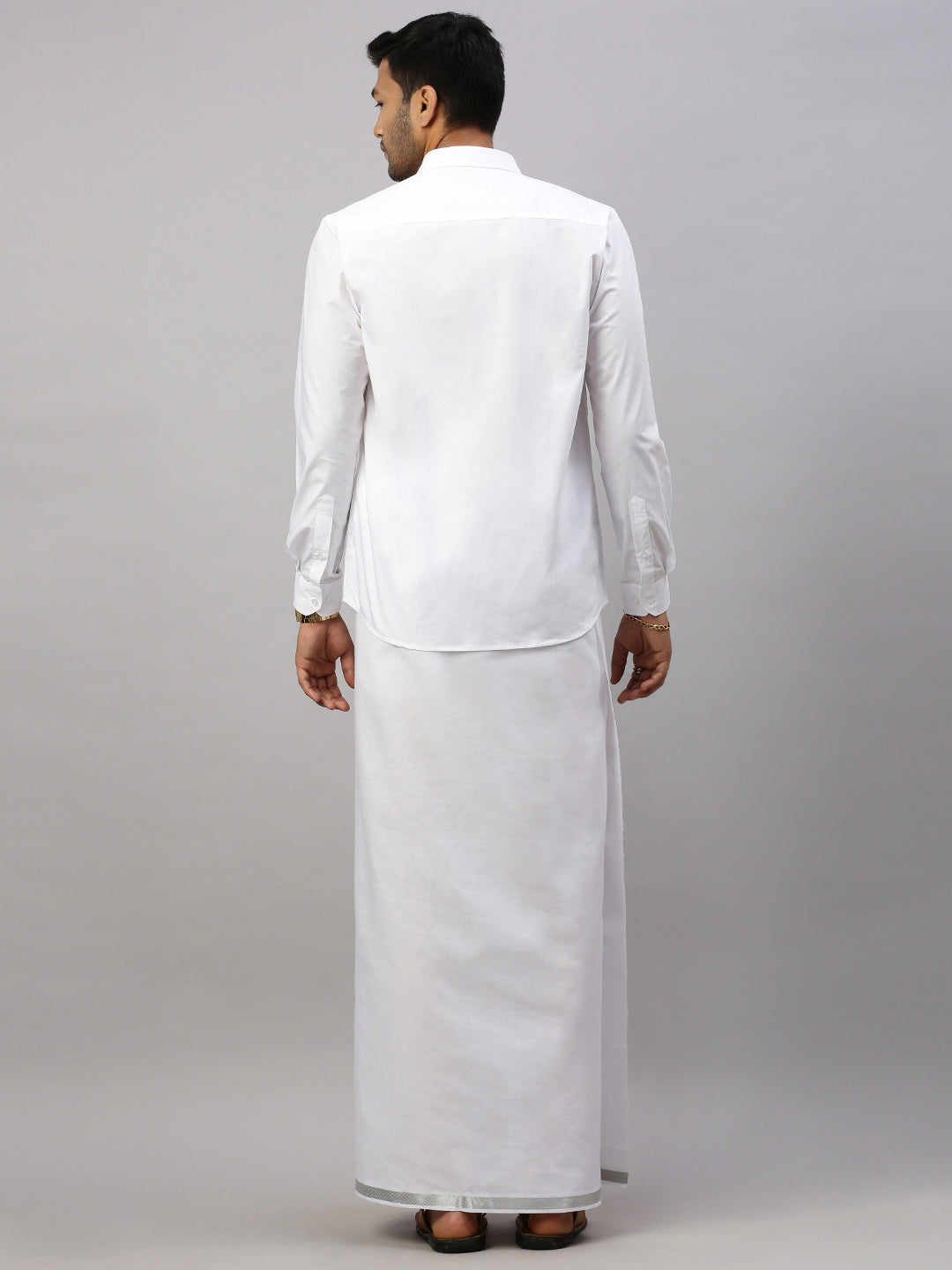 Mens Double Dhoti White with Silver Jari 1" Ivory