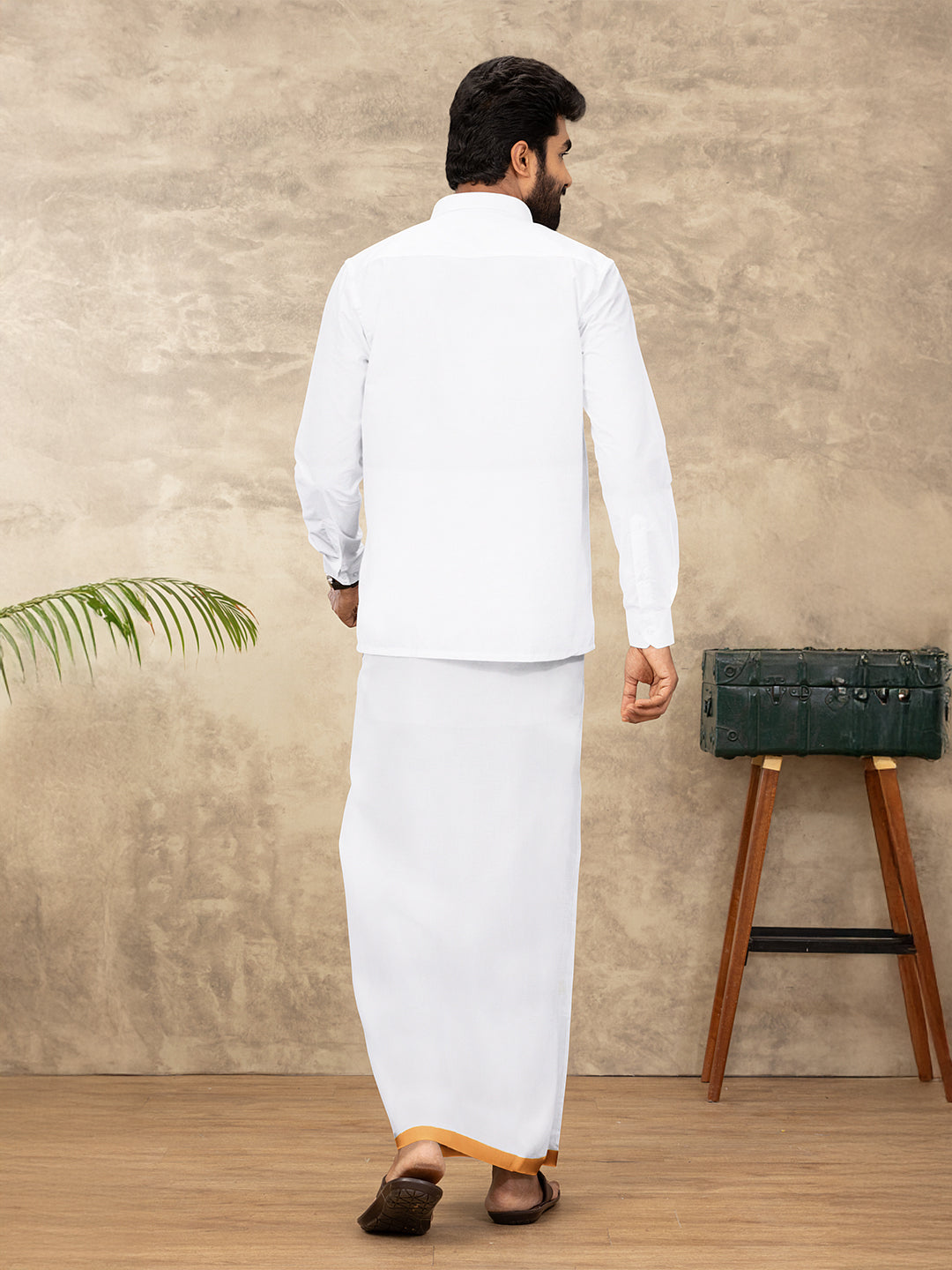 Men Cotton Blend Readymade Single Layer White Dhoti with Big Border GACS11