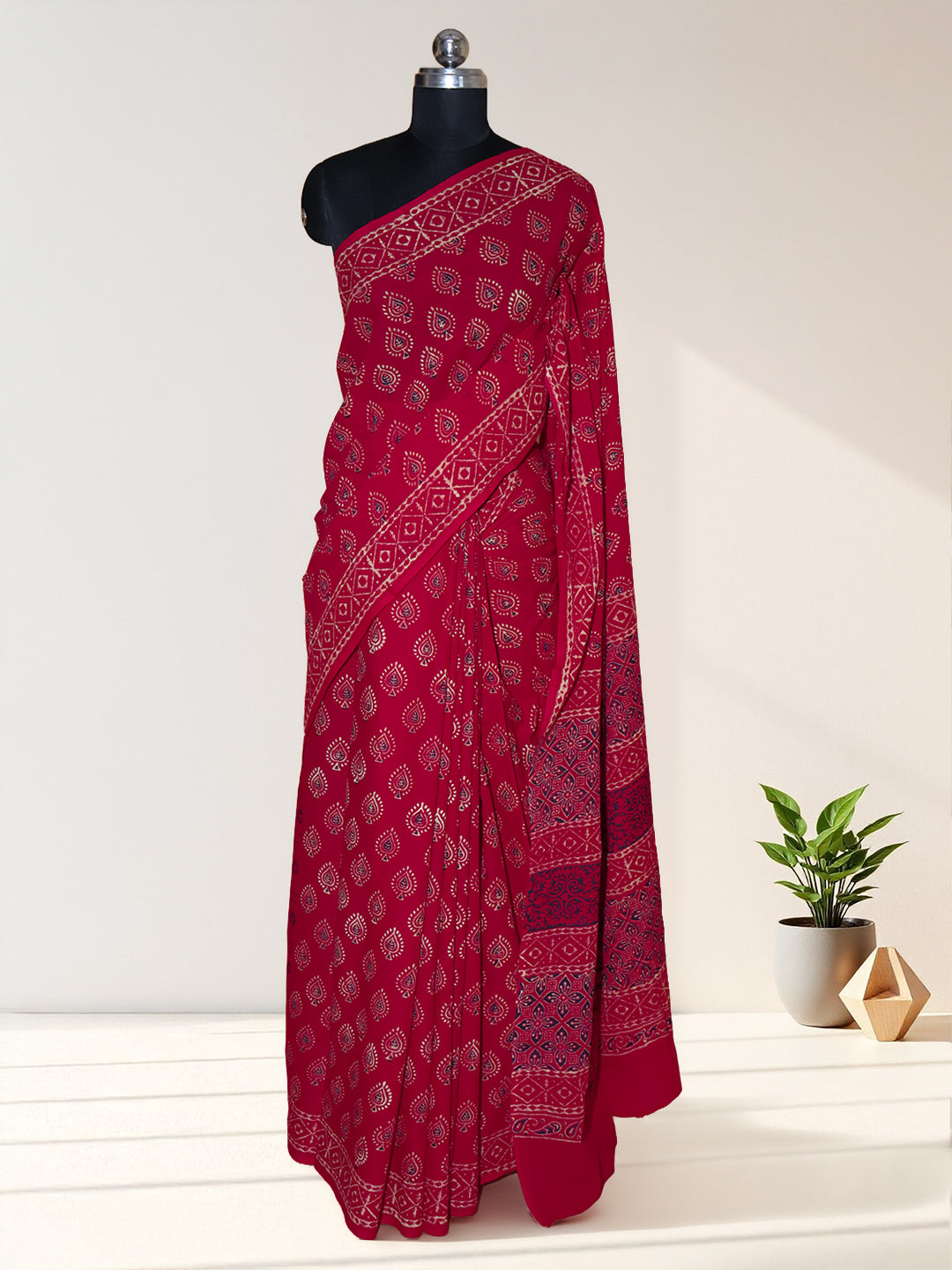 Women Cherry Red Soft Cotton Printed Saree SCS167