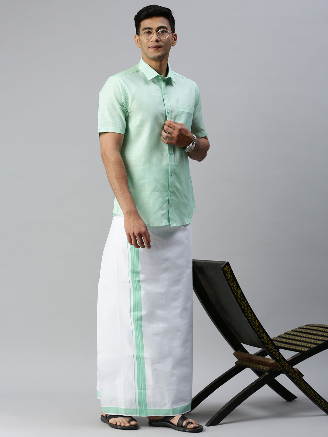 Mens Matching Border Dhoti & Shirt Set Half Light Pista Green C83-Side view