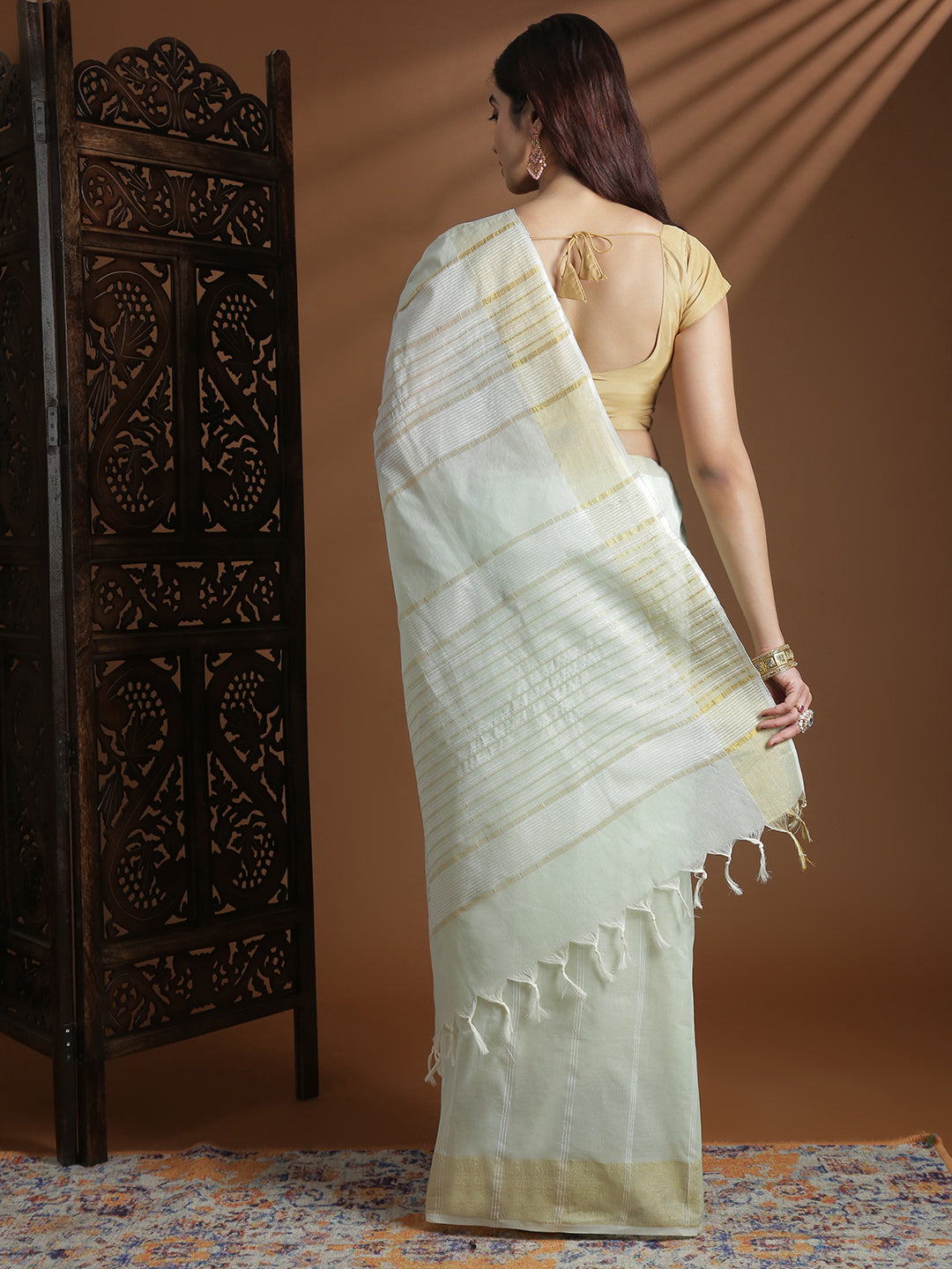 Women Pista Green Striped Cotton Jute Saree CJ13