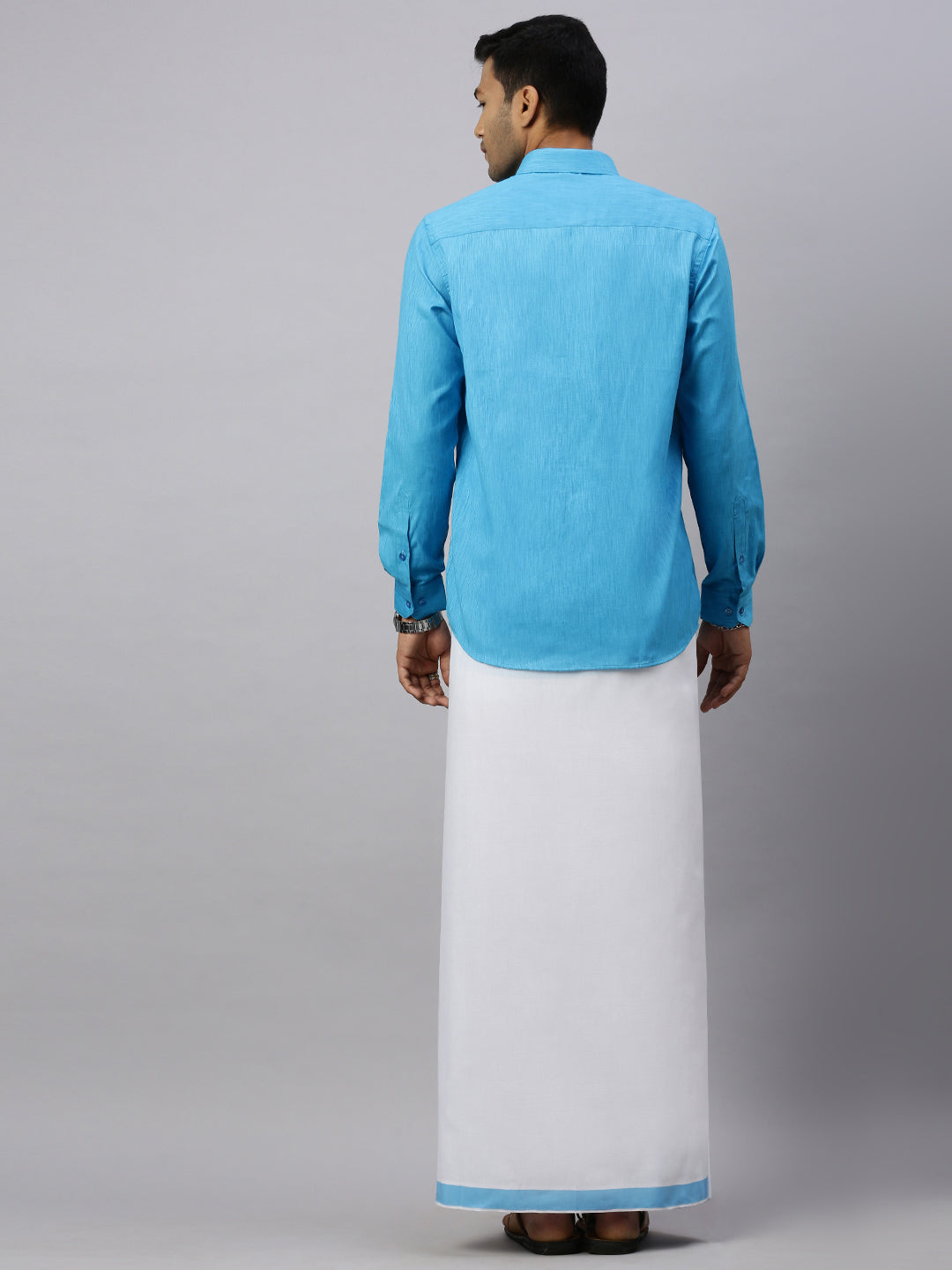 Men Eastern Blue Matching Border Dhoti & Full Sleeves Shirt Set CV5