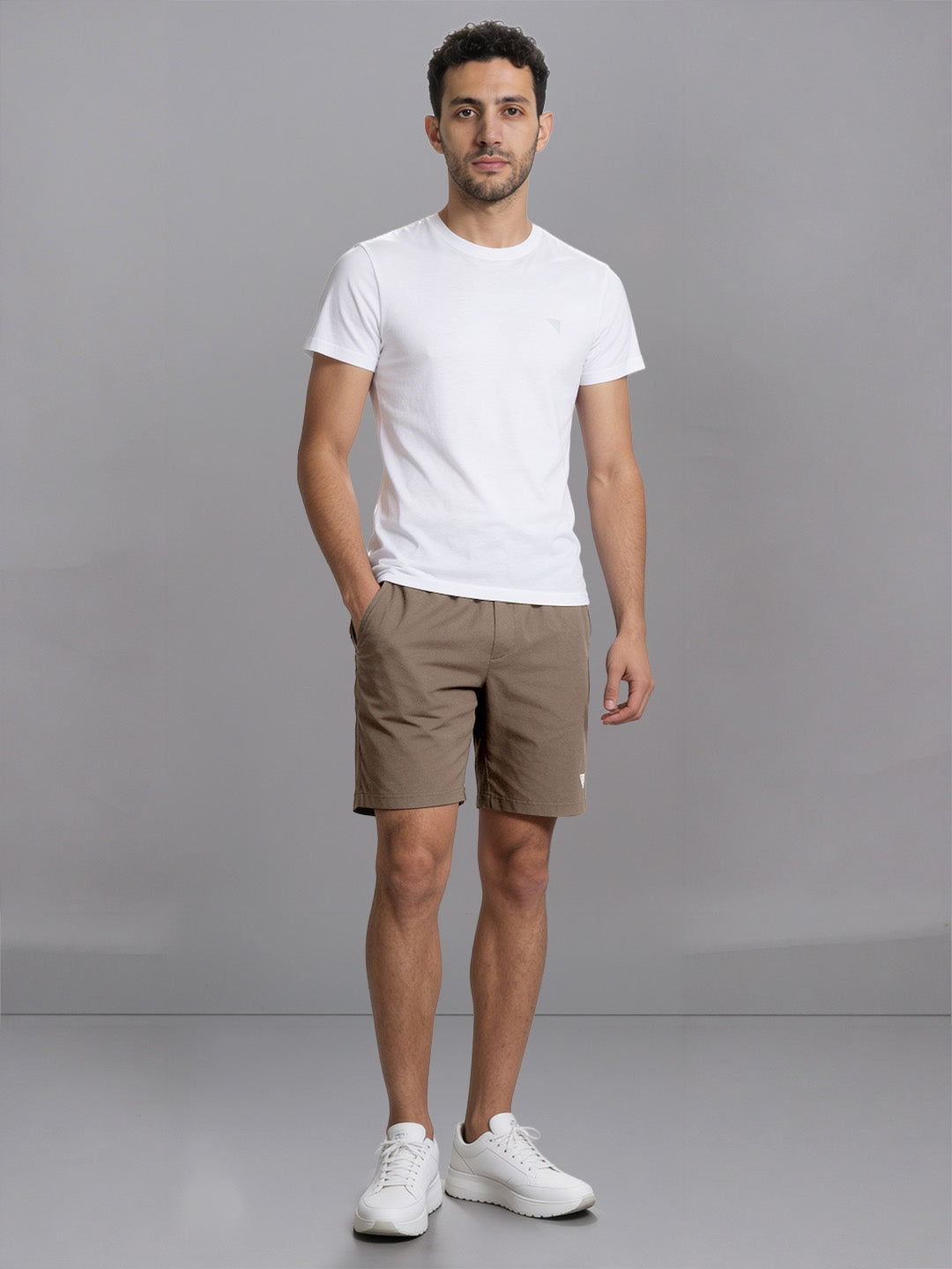 Men White Crew neck T-Shirt with Taupe Shorts Combo ES9