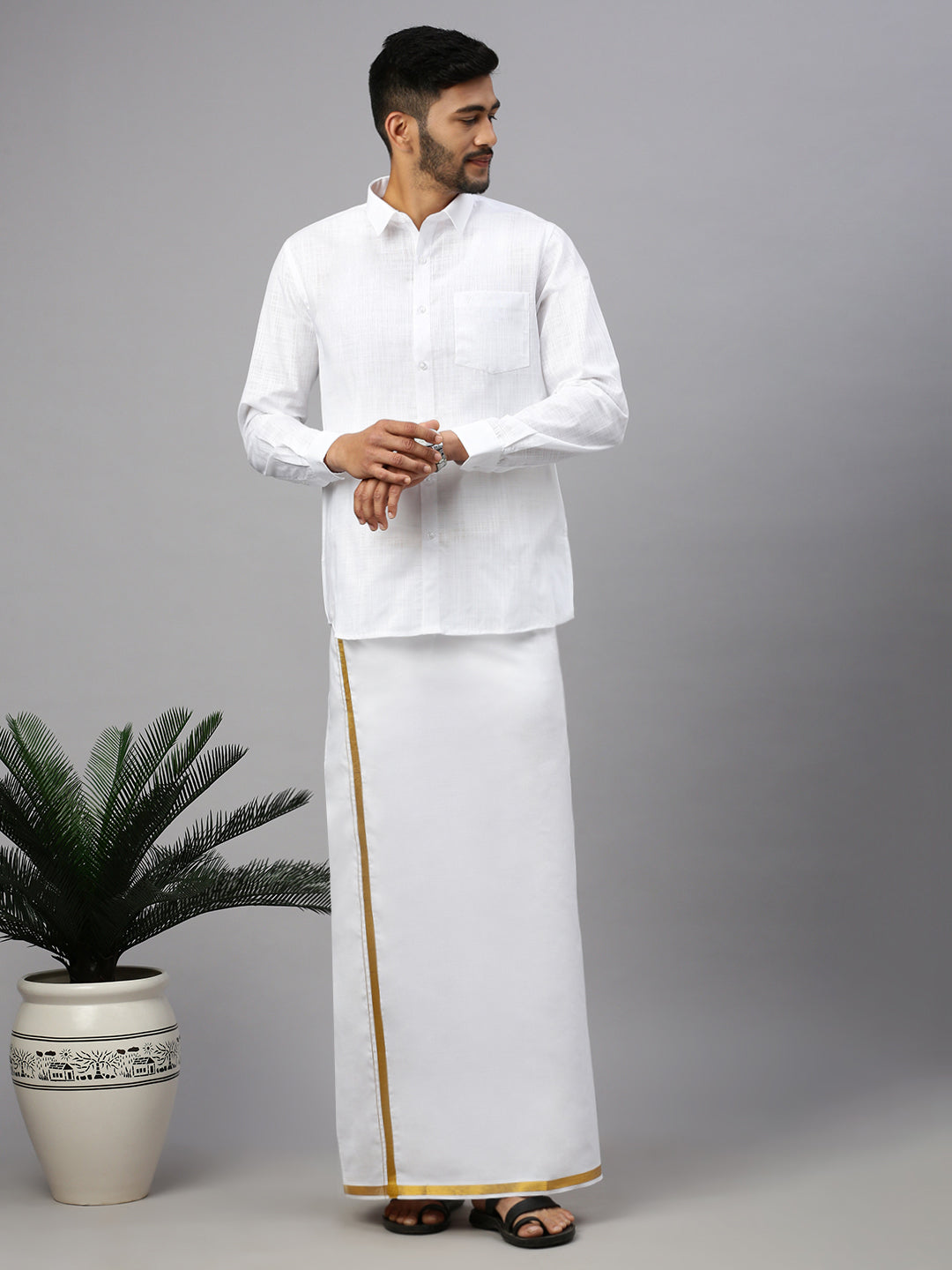 Men Cotton Blend Readymade Double Layer White Dhoti with Gold Jari Border